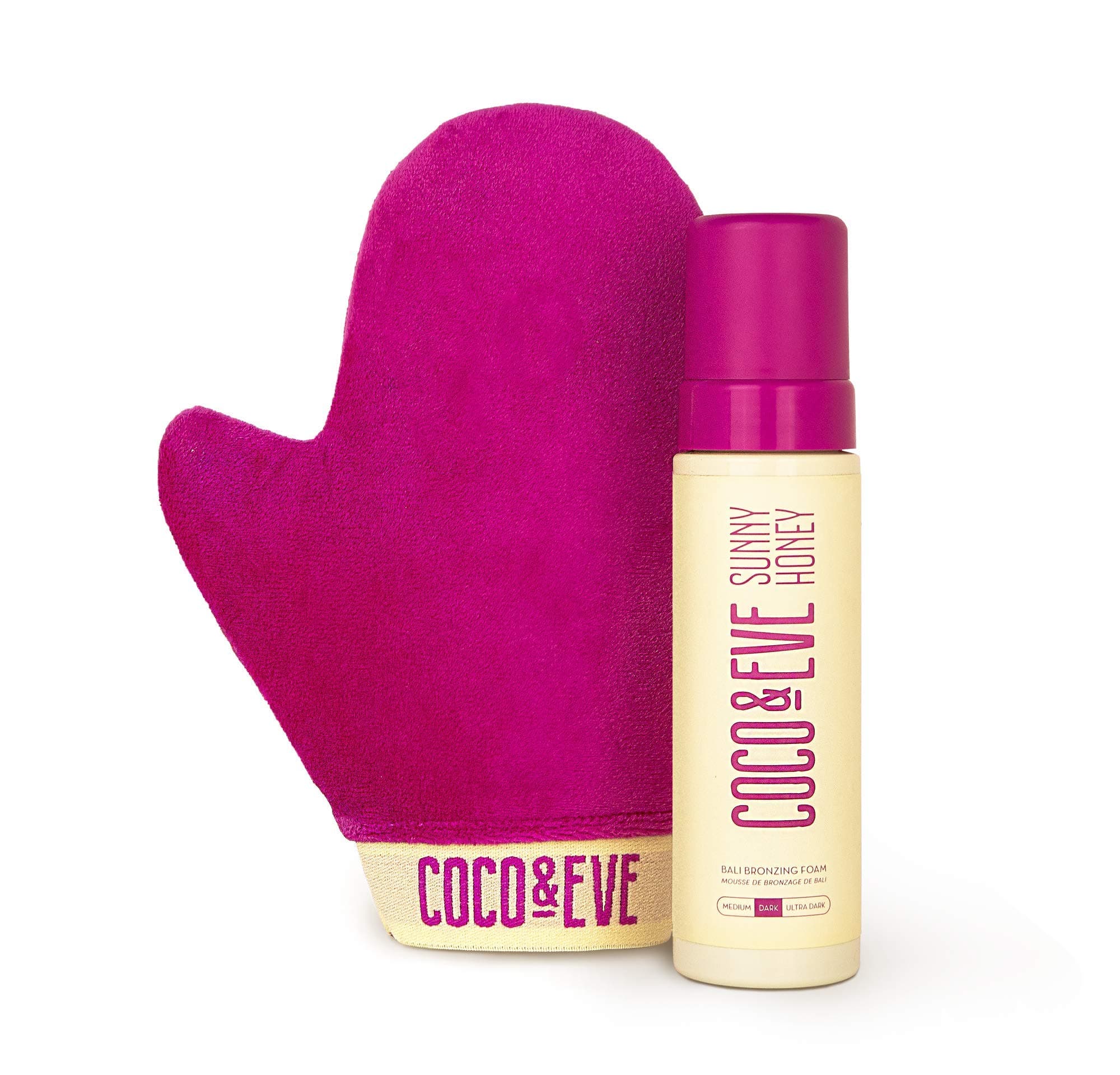 Coco & Eve Sunny Honey Bali Bronzing Self Tanner Mousse Set (Dark) - All Natural Sunless Tanning Mousse | Instant Self Tanning with Bronzer with Self Tanning Mitt Applicator (200ml)