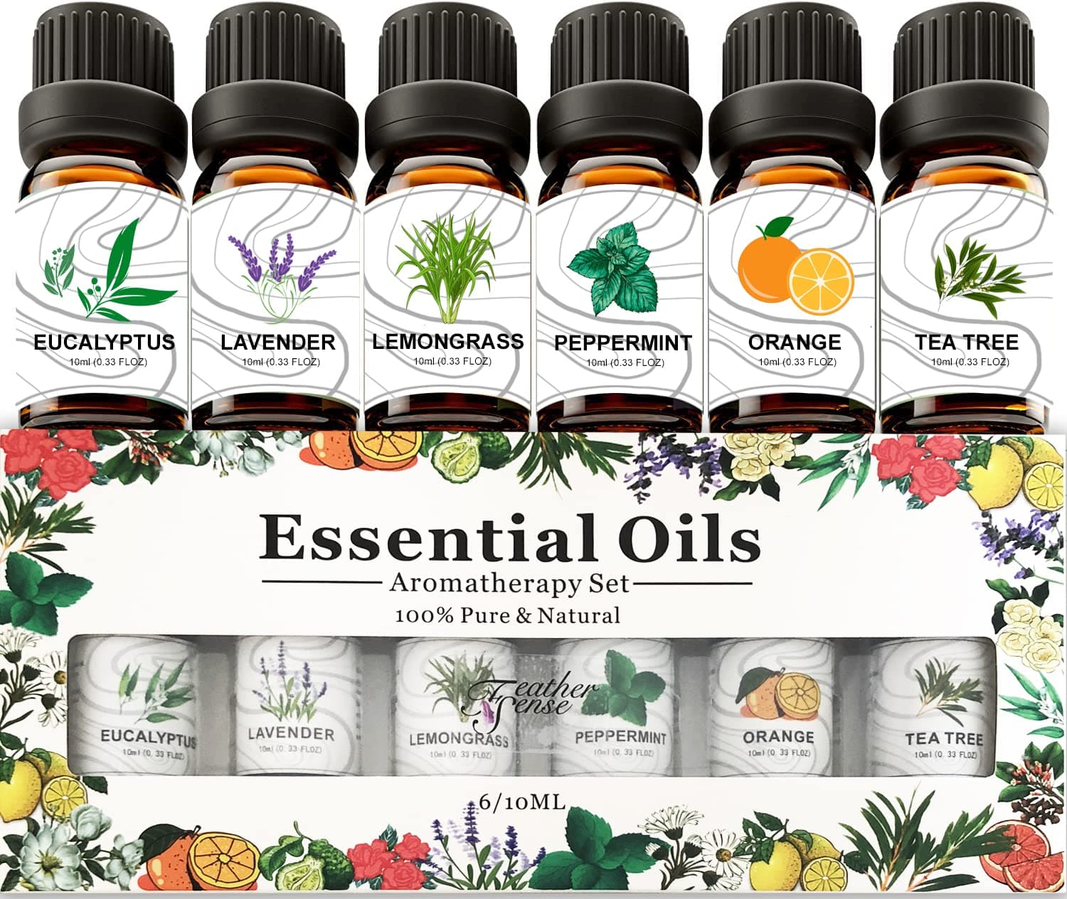 FEATHER SENSE Essential Oils 100% Pure Therapeutic Grade Oils kit- Top 6 Aromatherapy Oils Gift Set-6 Pack, 10ML, Valentine Gift for Women Her Girls (6 Flavors)