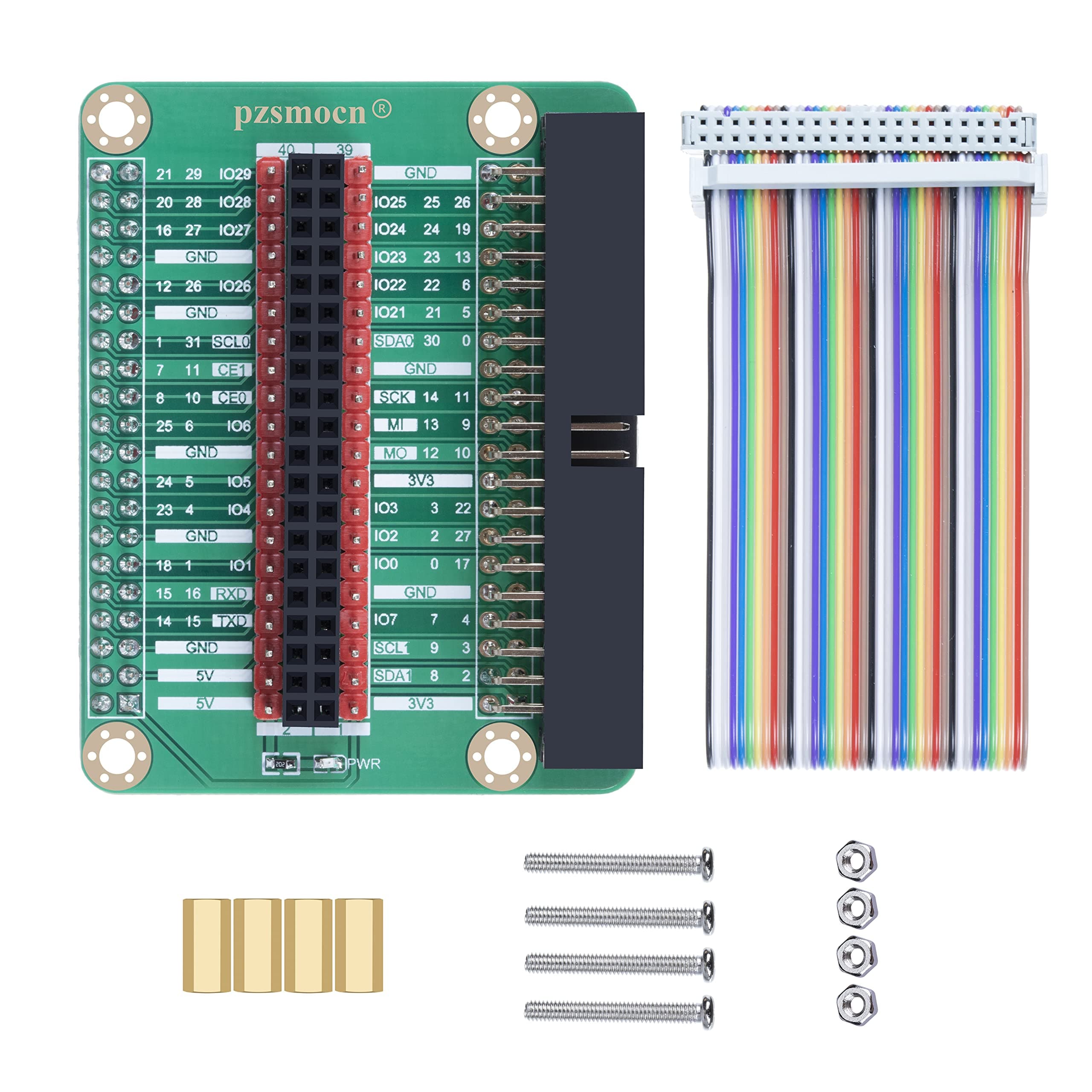 IO Expansion Board Compatible with Raspberry Pi-3, Pi-4 and Pi-400. with 40 Pin Contrast Silk Screen, BCM Encoding Information, WiringPi Encoding Information and Color GPIO 40 Pin Cable.