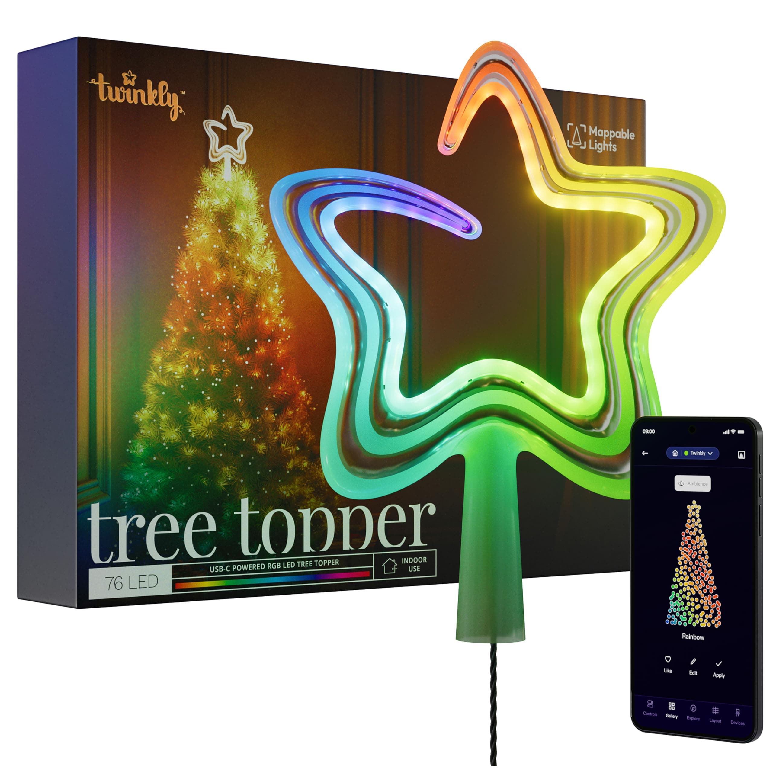 Twinkly Tree Topper - 78 LED RGB+W, Logo Tree Topper, USB Type C
