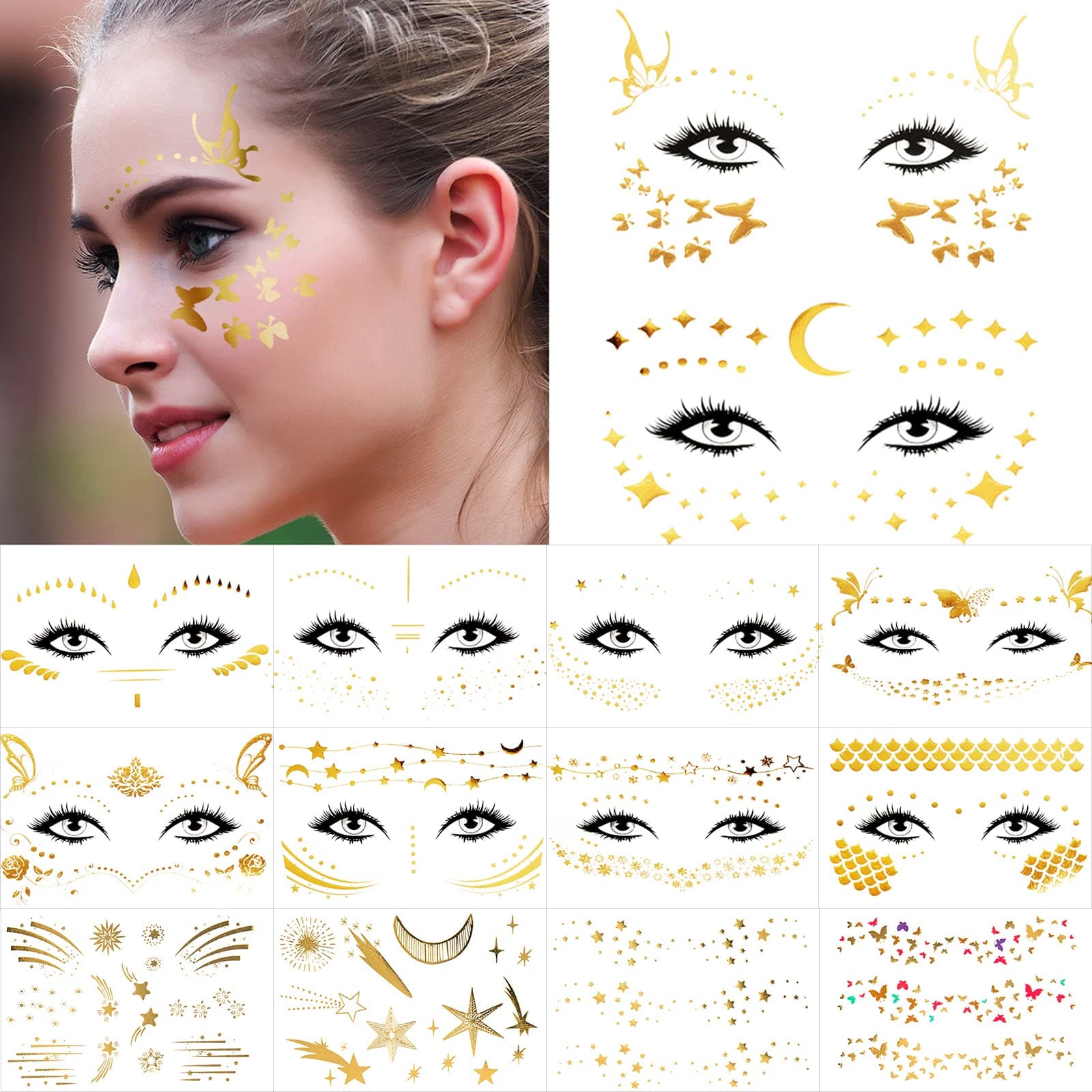 16 Sheets Face Tattoo Sticker and Freckle Sticker for Women, Face Metallic Temporary Tattoo Water Transfer Tattoo for Parties, Halloween Face Tattoos for Halloween Cosplay