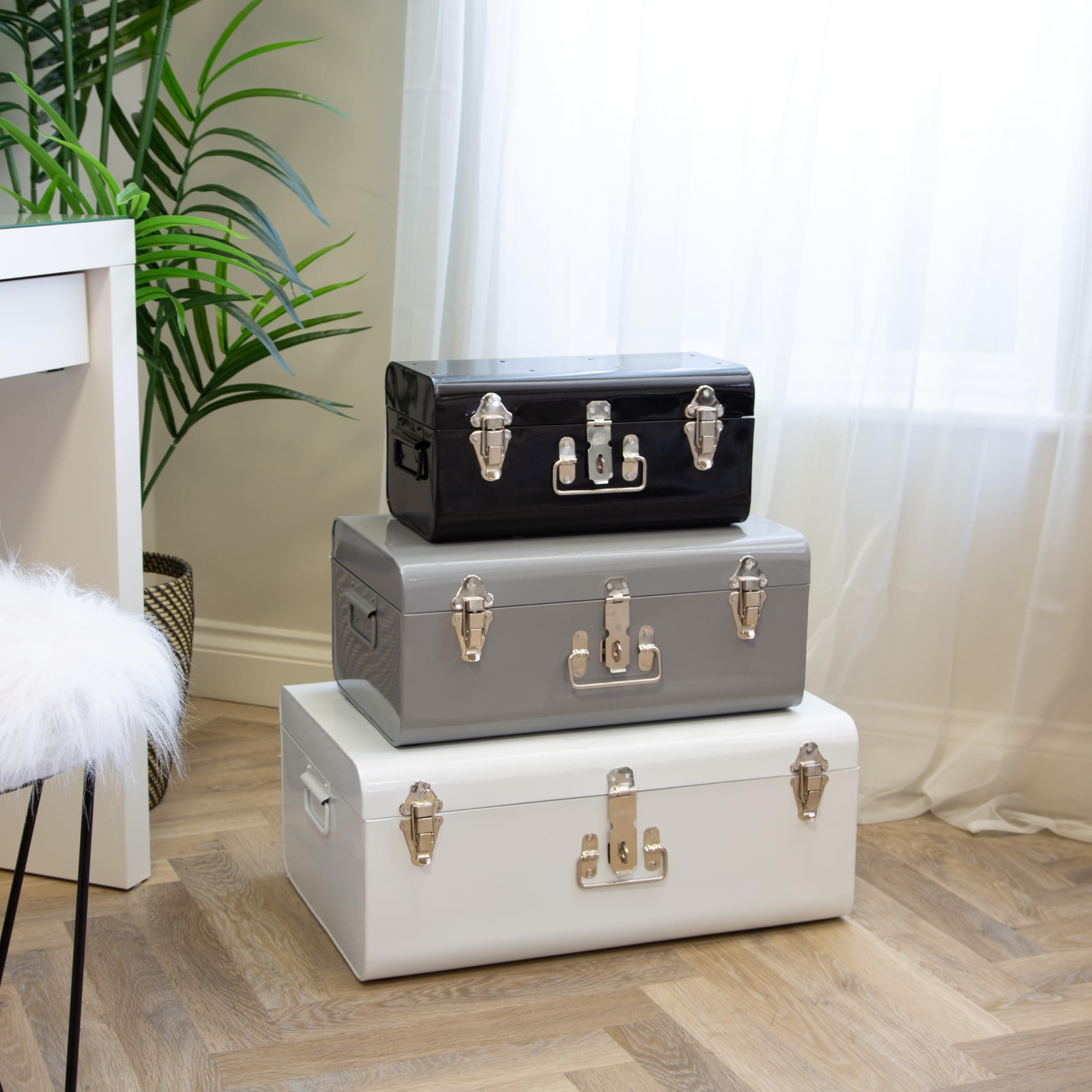 Metal Storage Trunks - Set Of 3, White, Grey & Black - Lockable Chests With Stackable Design - Bedroom, Living Room, Toy Box & Blanket Organiser