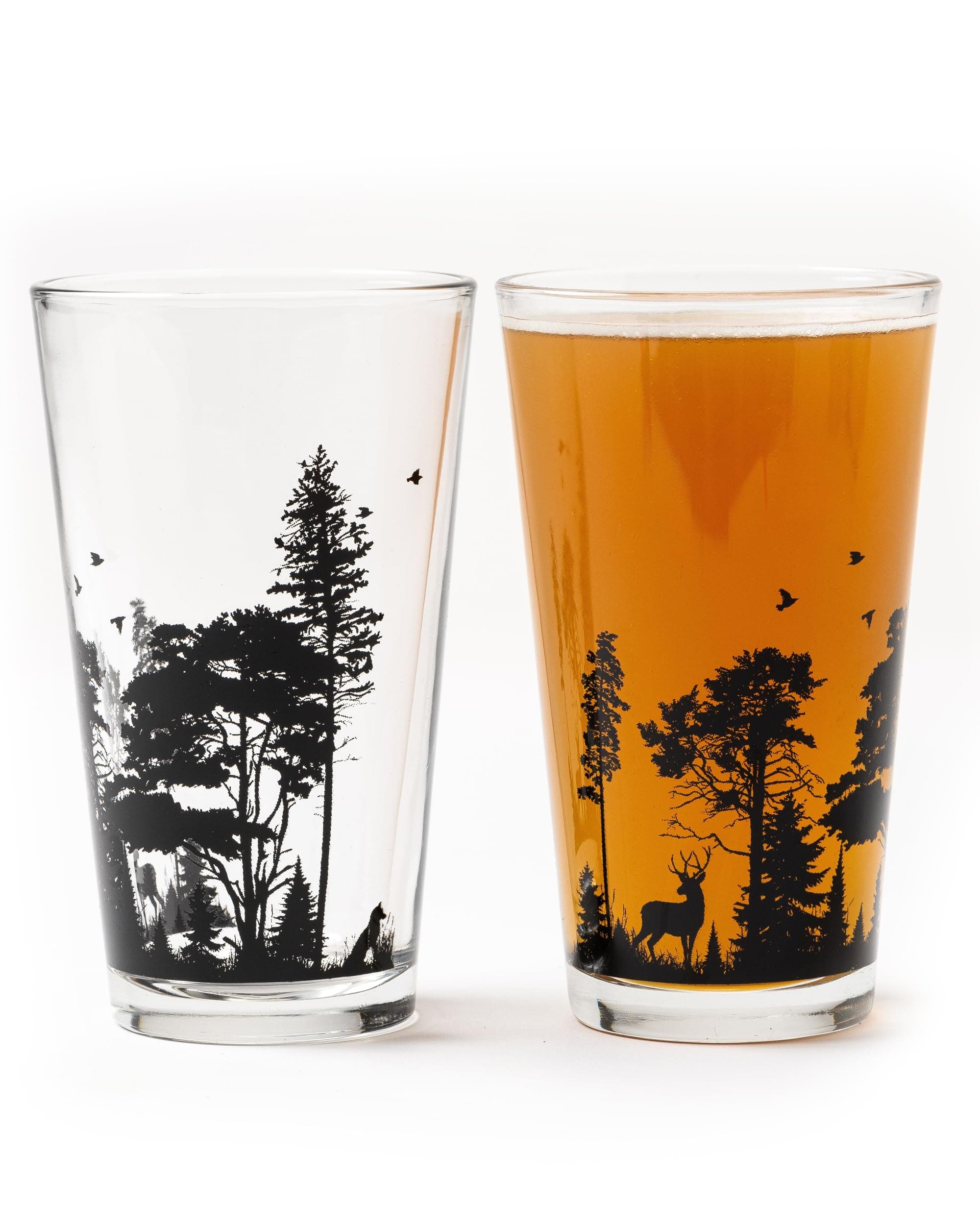 Black Lantern Forest Animals Pint Glass Set of 2 – 16oz Craft Beer Drinkware with Nature Landscape