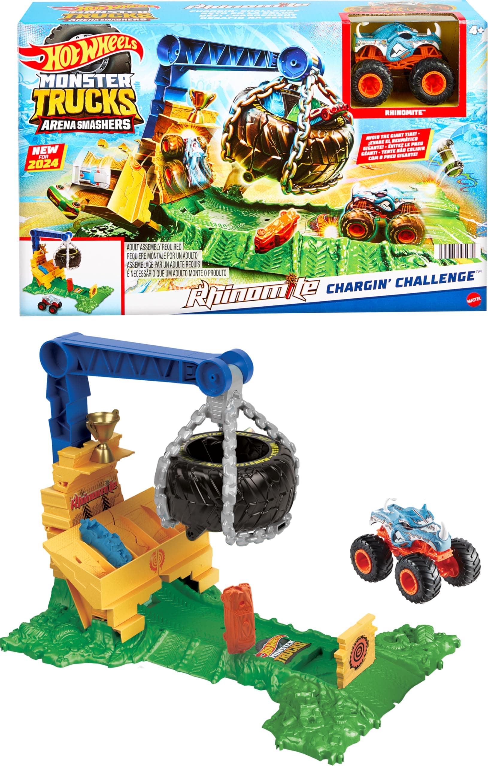 Hot Wheels Monster Trucks Toy Truck & Playset, Rhinomite Chargin’ Challenge Playset with a 1:64 Scale Vehicle & 2 Crushed Cars
