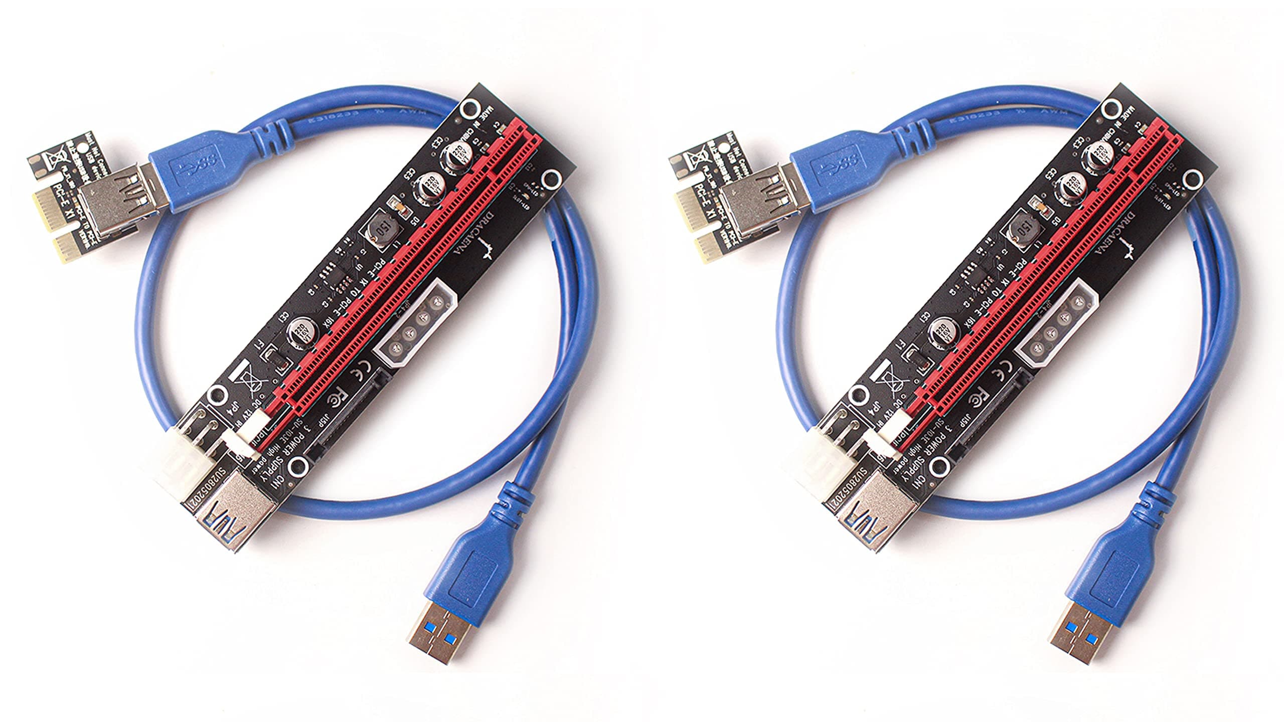 Dracaena.io 2 Pack PCIE Riser Adapter Card for GPU Crypto Mining16X to 1X (6pin/ MOLEX/SATA Powered) LED Status + 60cm USB 3.0 Cable, pcie Riser (GPU Ethereum Mining)