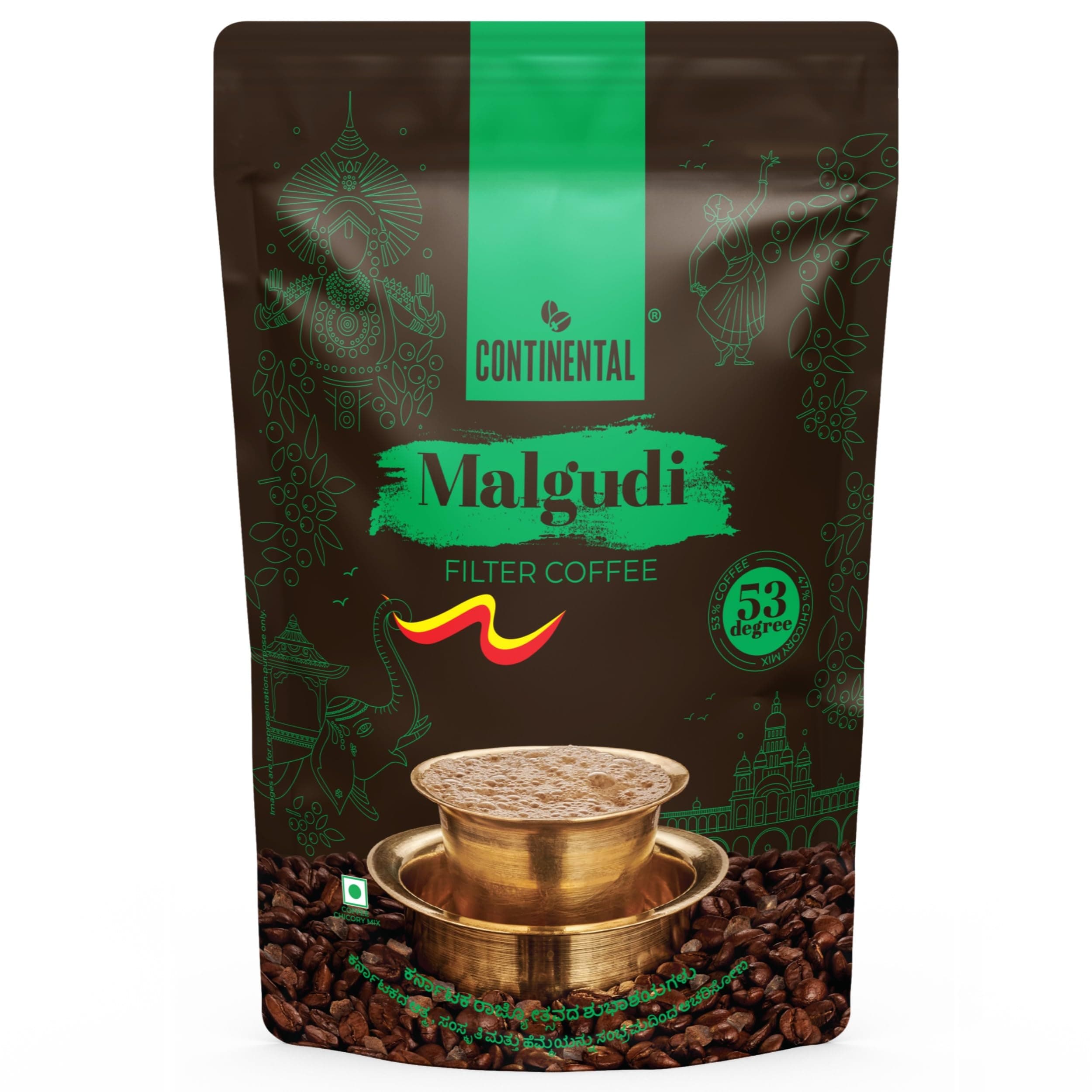 Continental Malgudi Filter Coffee Powder | 500gm Pouch | 60% Coffee - 40% Chicory | Traditional South Indian Filter Coffee Powder | Locks Real Aroma | Freshly Roasted Ground Coffee Powder
