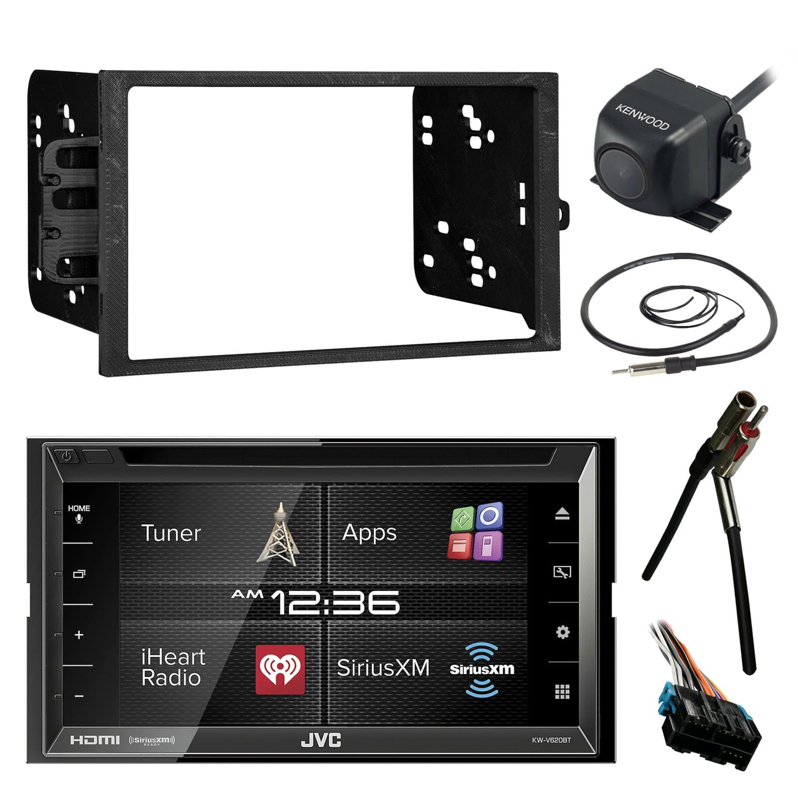 JVC KWV620BT 6.8" LCD Bluetooth CD DVD Car Stereo Receiver Bundle Combo With Waterproof RearView Backup Camera + Dash Kit + Wire Harness For GM Vehicles + Enrock 22" AM/FM Radio Antenna With Adapter