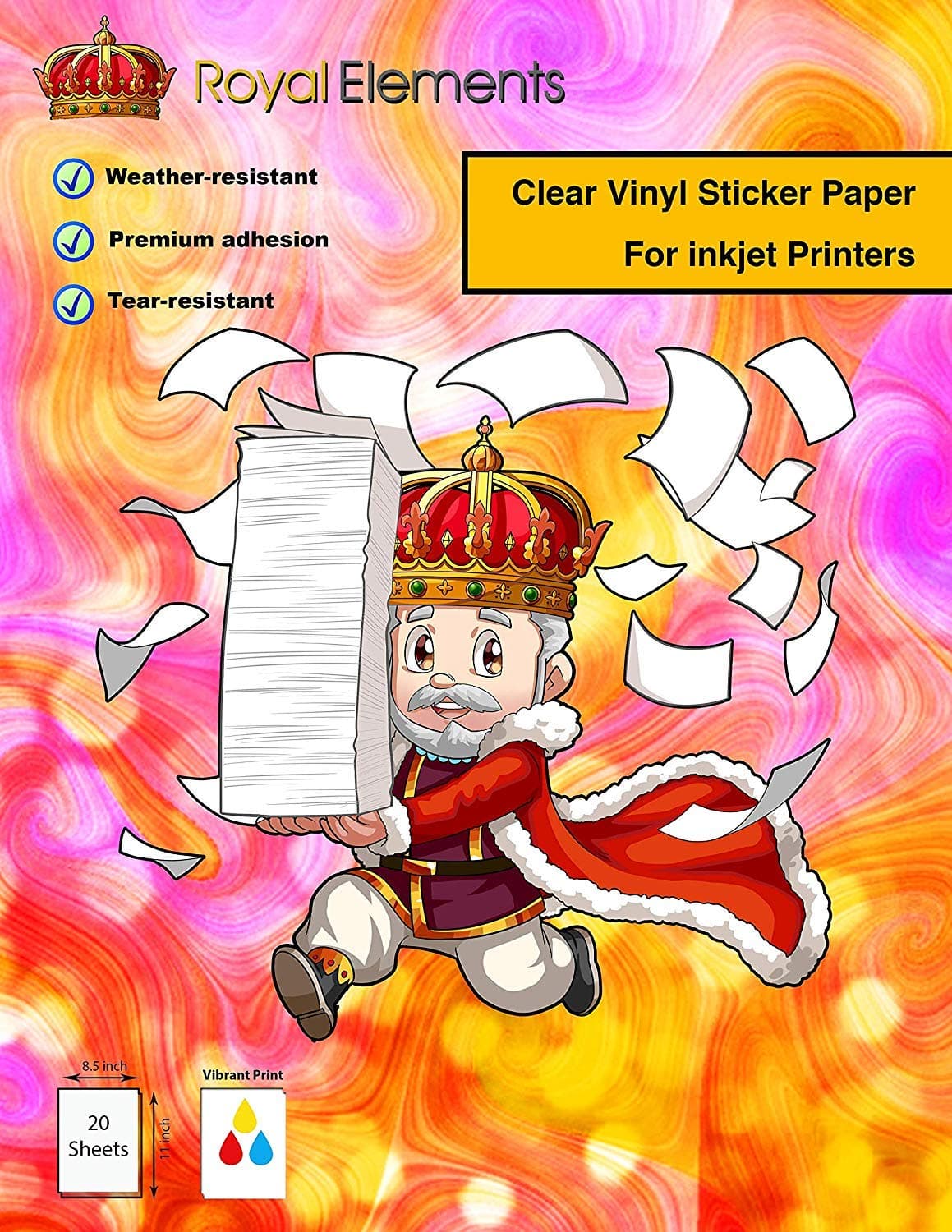 Royal Elements Clear Printable Vinyl Sticker Paper for Inkjet and Laser Printers - 20 Waterproof Sheets