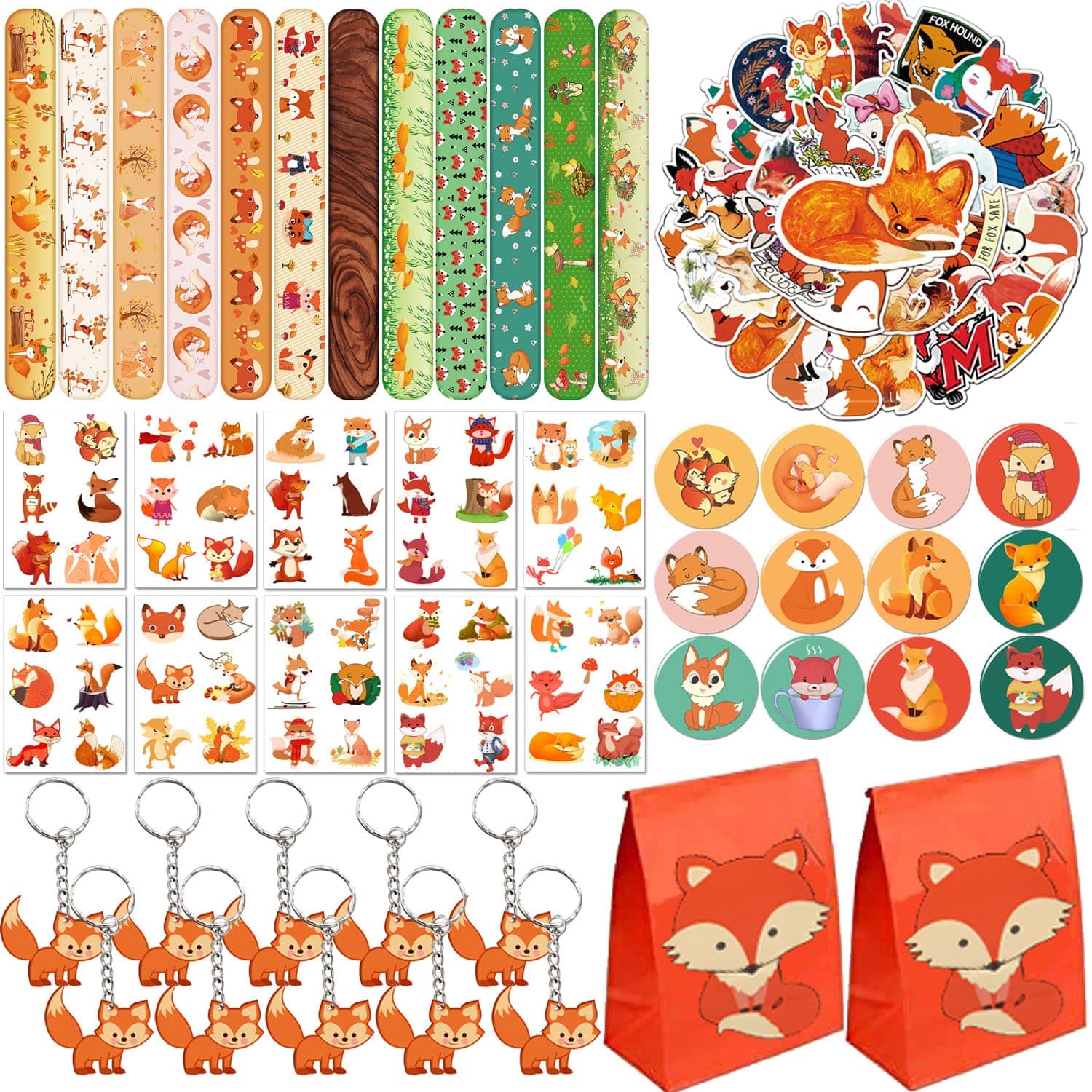 YYMYMGJYYMYMGJ Fox Party Favors 110 PCS Fox Theme Slap Bracelets Sticker Key Chains Badge Temporary Tattoos Gift Bags for Kids Woodland Creatures Fox Birthday Party Baby Shower Jungle Safari Party Supplies
