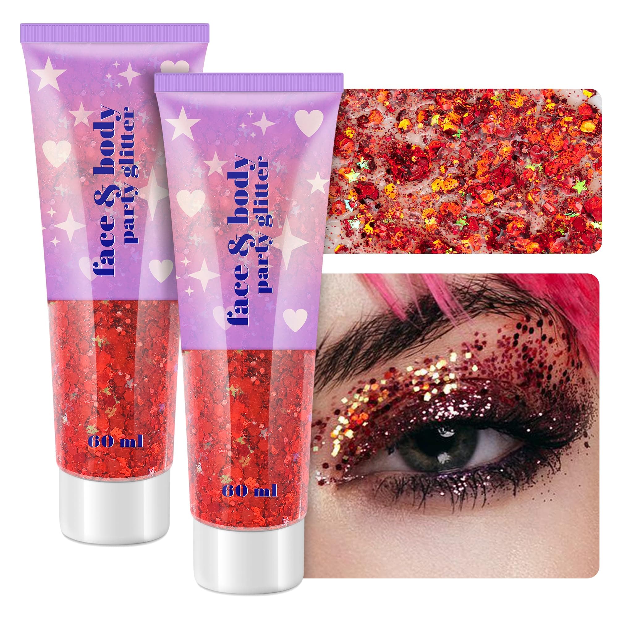 Body Glitter Gel, 2 Jars Face Glitter Gel Sequins Shimmer for Hair, Lip, Eyeshadow, Nails, Chunky and Powder Mixed Glitter Gel, Holographic Cosmetic Flakes for Festival, Glitter Makeup 120ml (Red)
