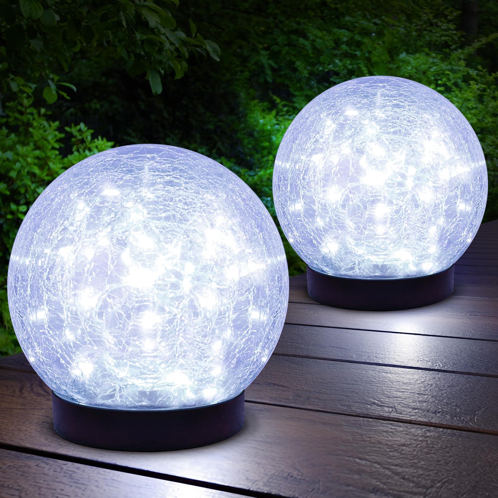 2-Pack Garden Solar Lights Outdoor, Cracked Glass Ball Light Waterproof, Decorative Solar Powered Globe Lighting Cool White for Yard Pathway