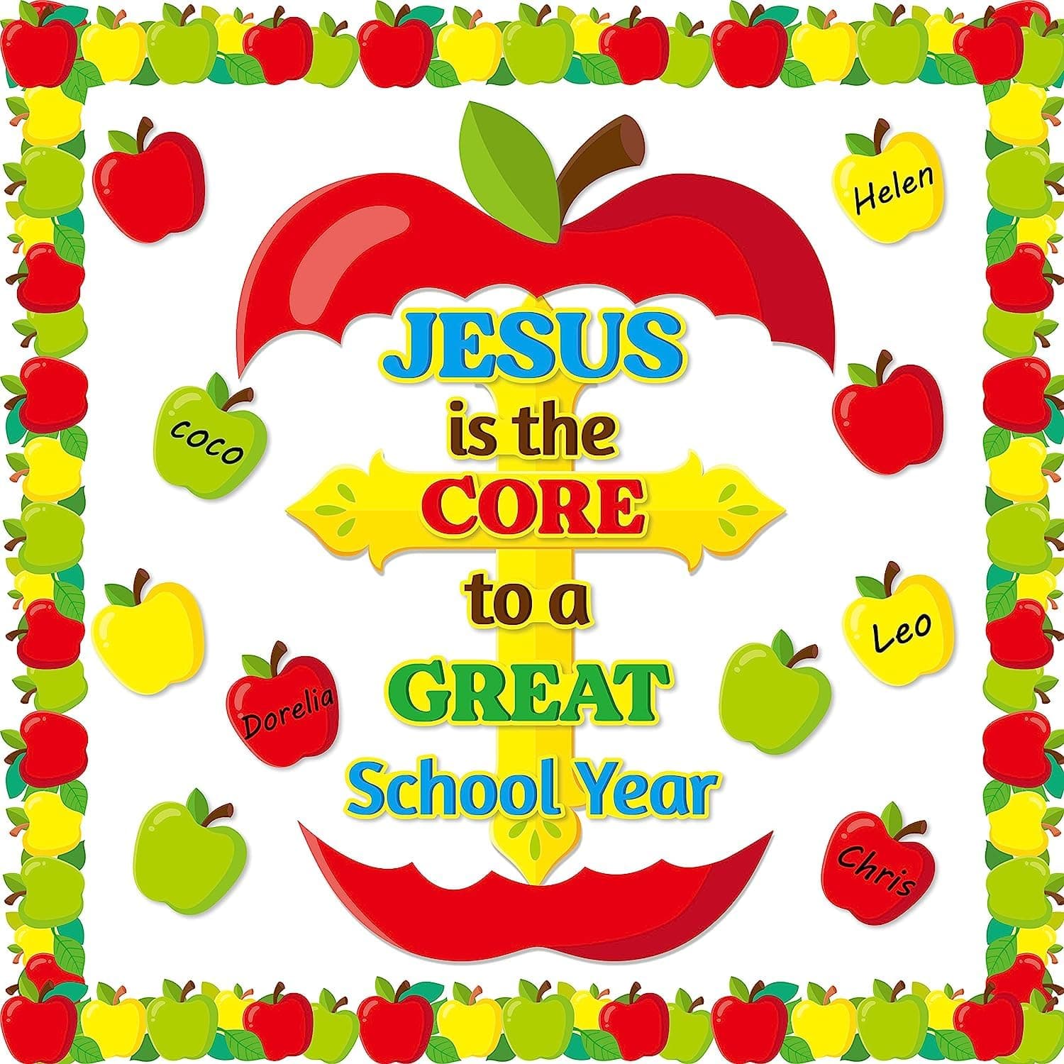 BeYumi 77Pcs Jesus is the Core to a Great School Year Christian Bulletin Board Set Cross Apple Name Tags Cutout Border Trim Back to School Faith Religious Classroom Sunday School Chalkboard Wall Decor