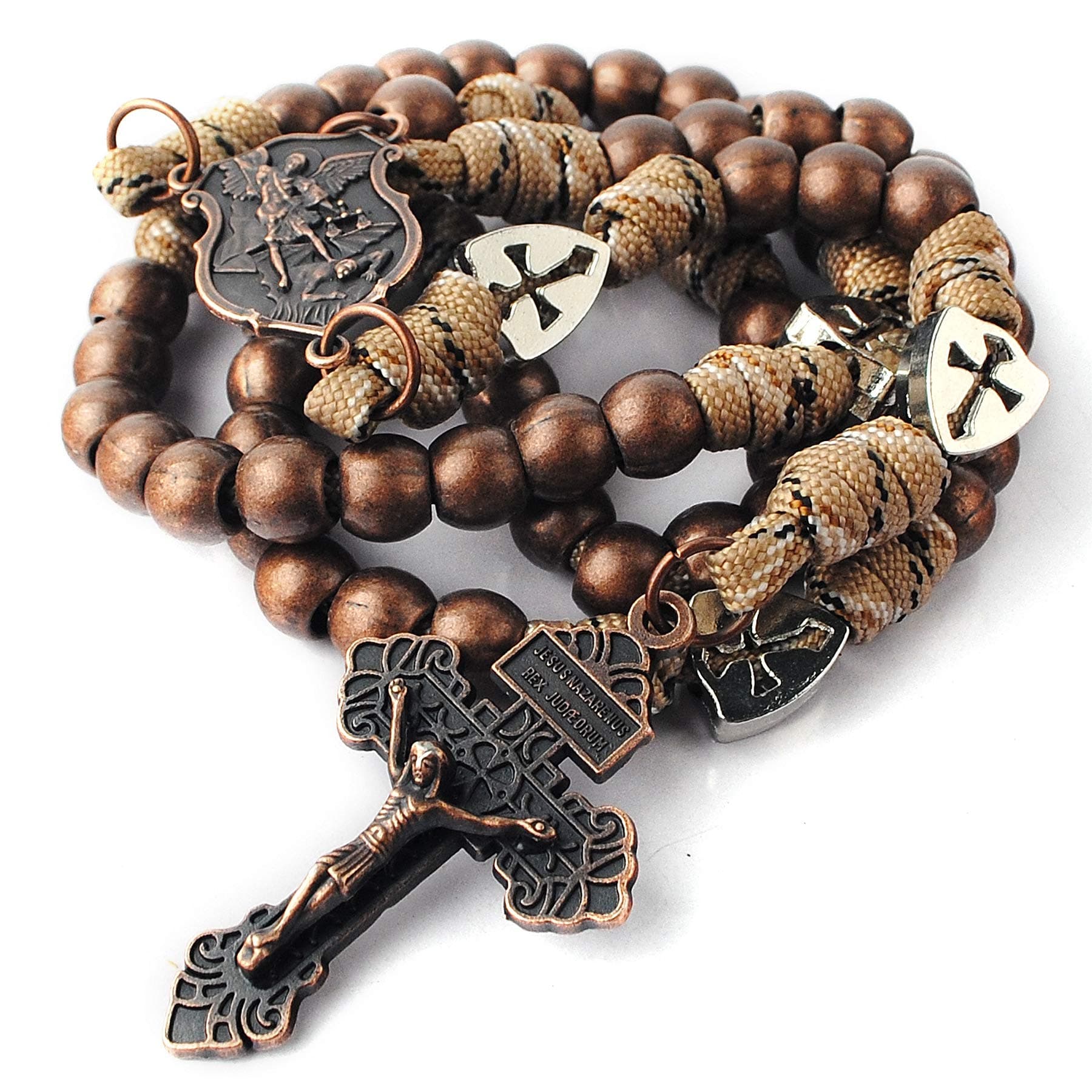 HanlinCC Large and Heavy Antique Bronze Metal Beads Rugged Durable Paracord Rosary Necklace with St.Michael Center Piece and Pardon Crucifix for Men