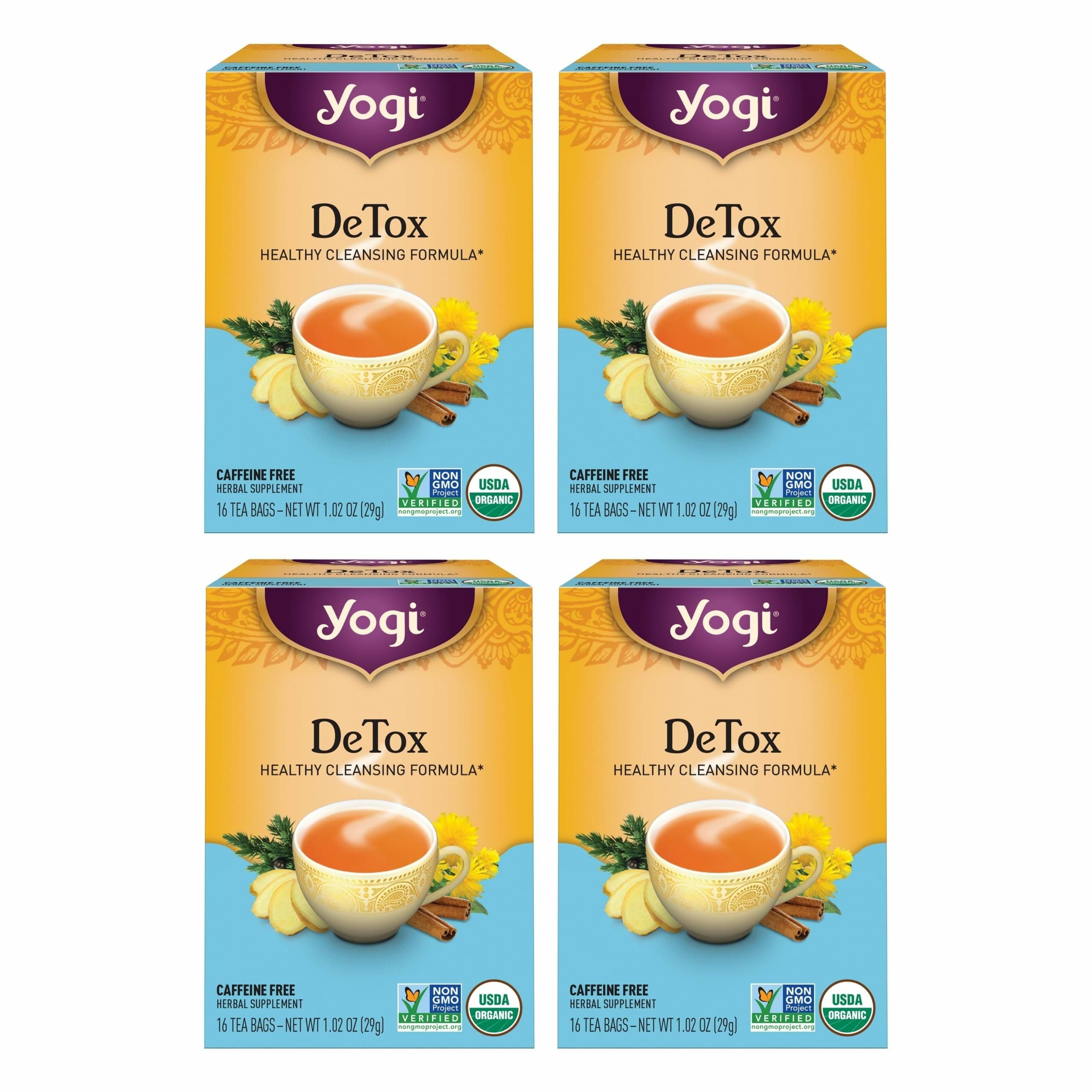 Tea DeTox Tea - 16 Tea Bags per Pack (4 Packs) - Organic Detox Tea for Digestive & Circulation Support - Includes Burdock, Dandelion, Ginger Root, Black Pepper, Cardamom & Juniper Berry