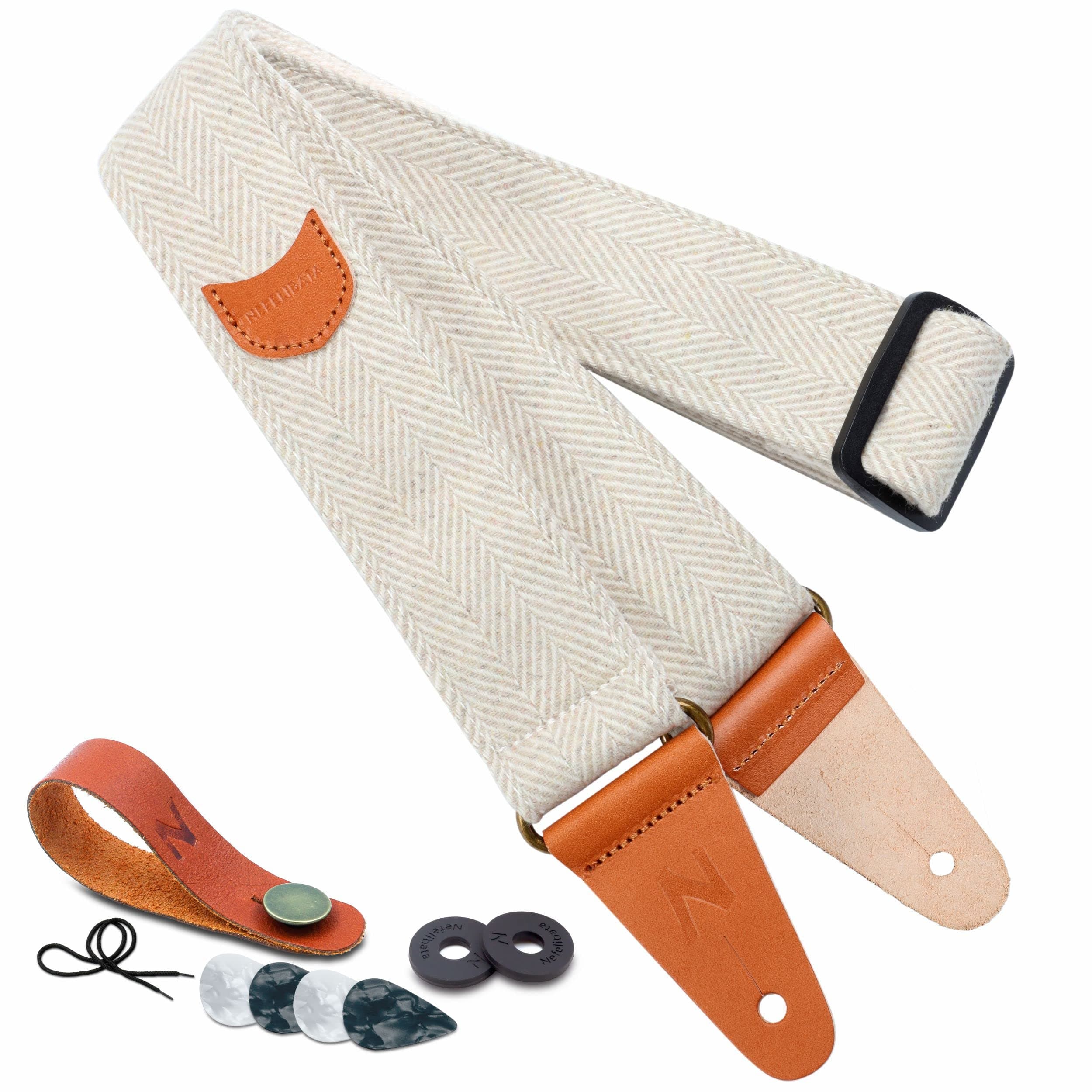Nefelibata Guitar Strap with Pick Pocket, Full Grain Leather Ends Guitar Straps for Bass, Electric & Acoustic Guitar