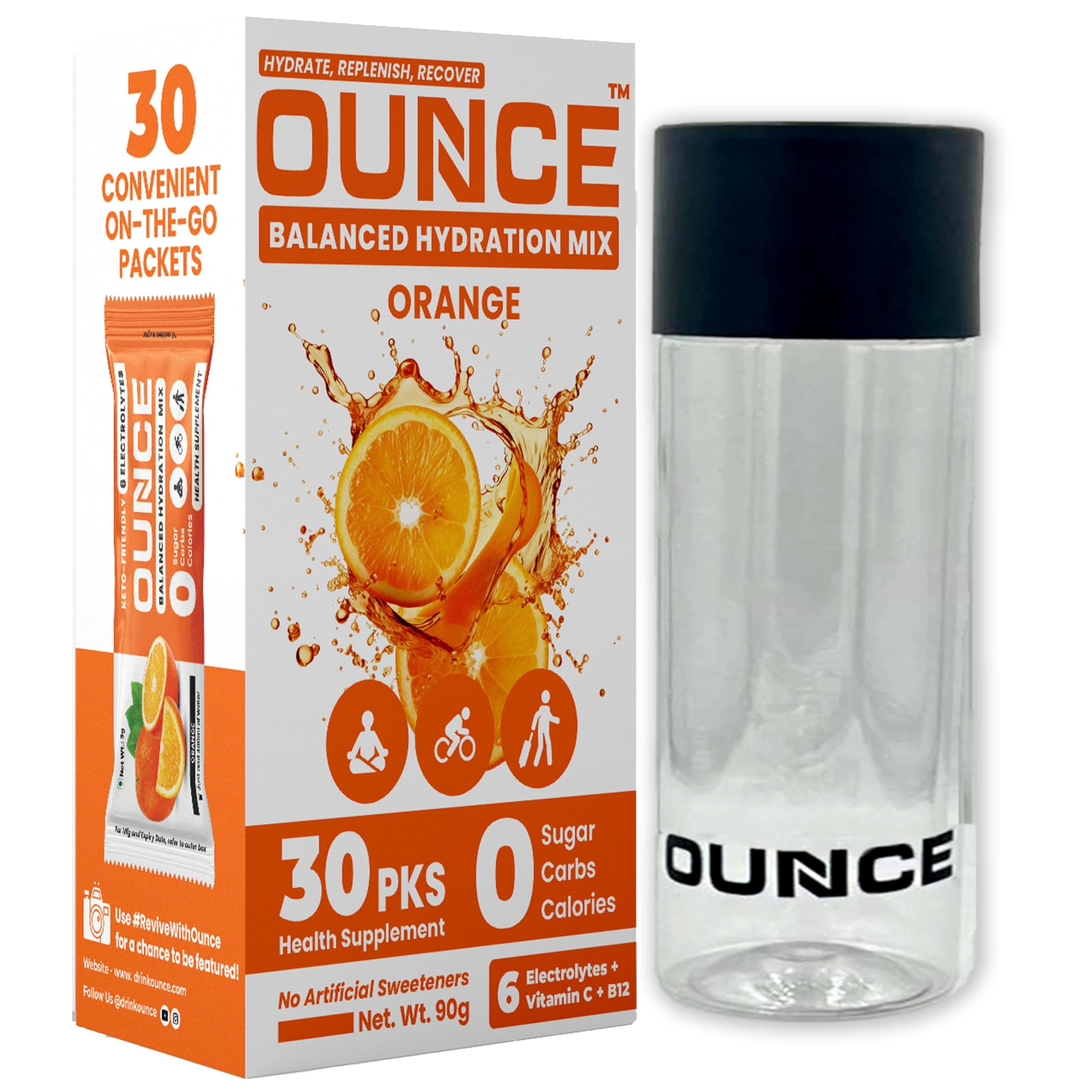 Ounce Energy Drink - Electrolyte Powder Sugar Free - 30 Orange Hydration Powder Drink Mix Sachet with 6 Keto Electrolytes no Sugar : Na, Mg, Ca, K, P & Cl boosted with Vitamins B12 & C
