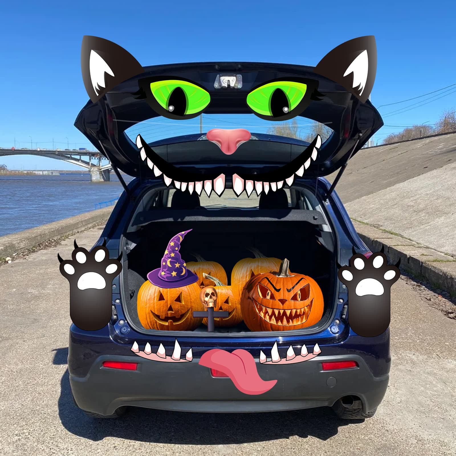 POILKMNI Halloween decorations kit for black cat trunk or treats, Halloween garage door decorations with eyes, fangs, tongue, nostrils, double-sided car stickers