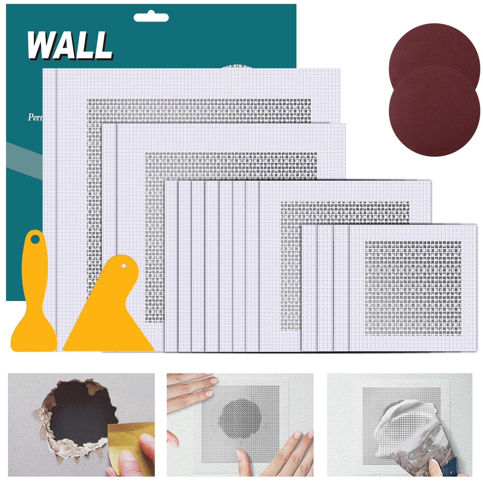 Drywall Repair Kit 12 Pieces Aluminum Wall Repair Patch Kit, 4/6/8 inch Fiber Mesh Over Galvanized Plate, Dry Wall Hole Repair Patch Metal Patch with Extended Self-Adhesive Mesh (12 Pcs)
