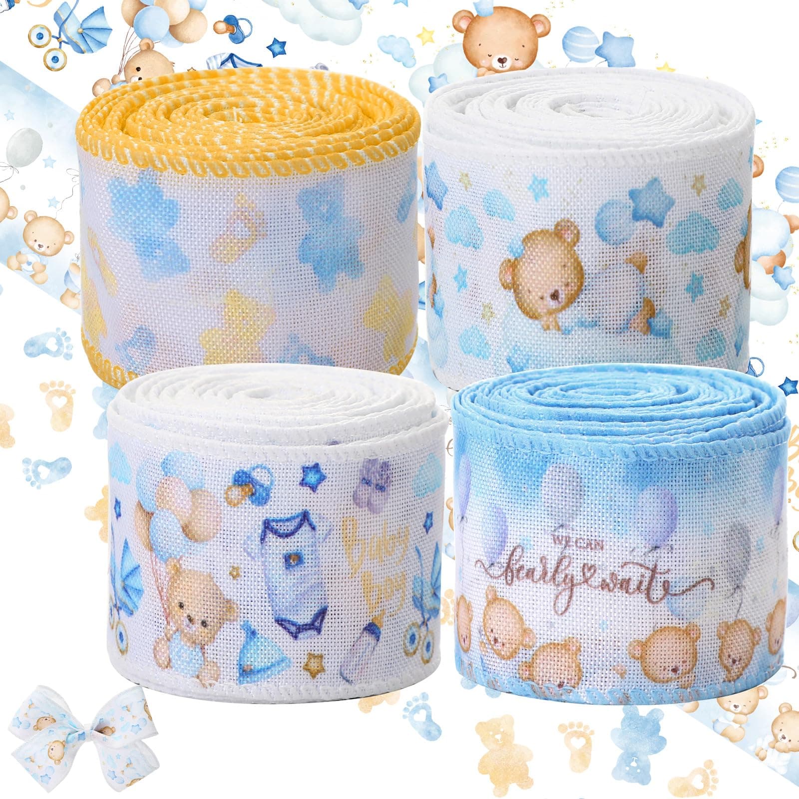 Ysleen Bear Baby Shower Ribbon 20 Yards 1.5 inch Wide we can Bearly Wait Wired Balloon Star DIY Craft Theme Birthday Party Decor boy Light Blue Gift Wrapping Decoration