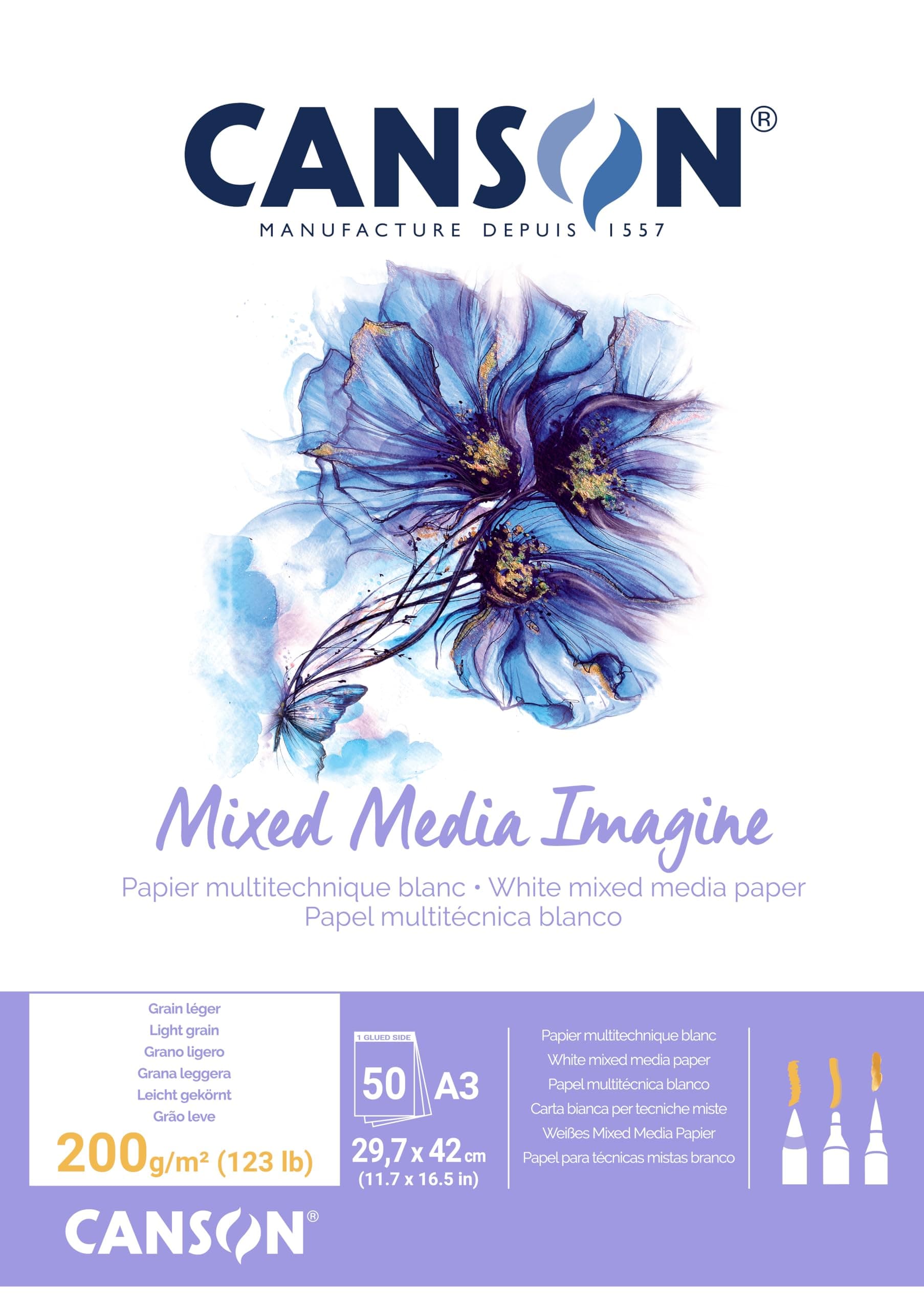 Canson Imagine Mixed Media 200gsm Paper, Natural White, A3 pad Including 50 Sheets