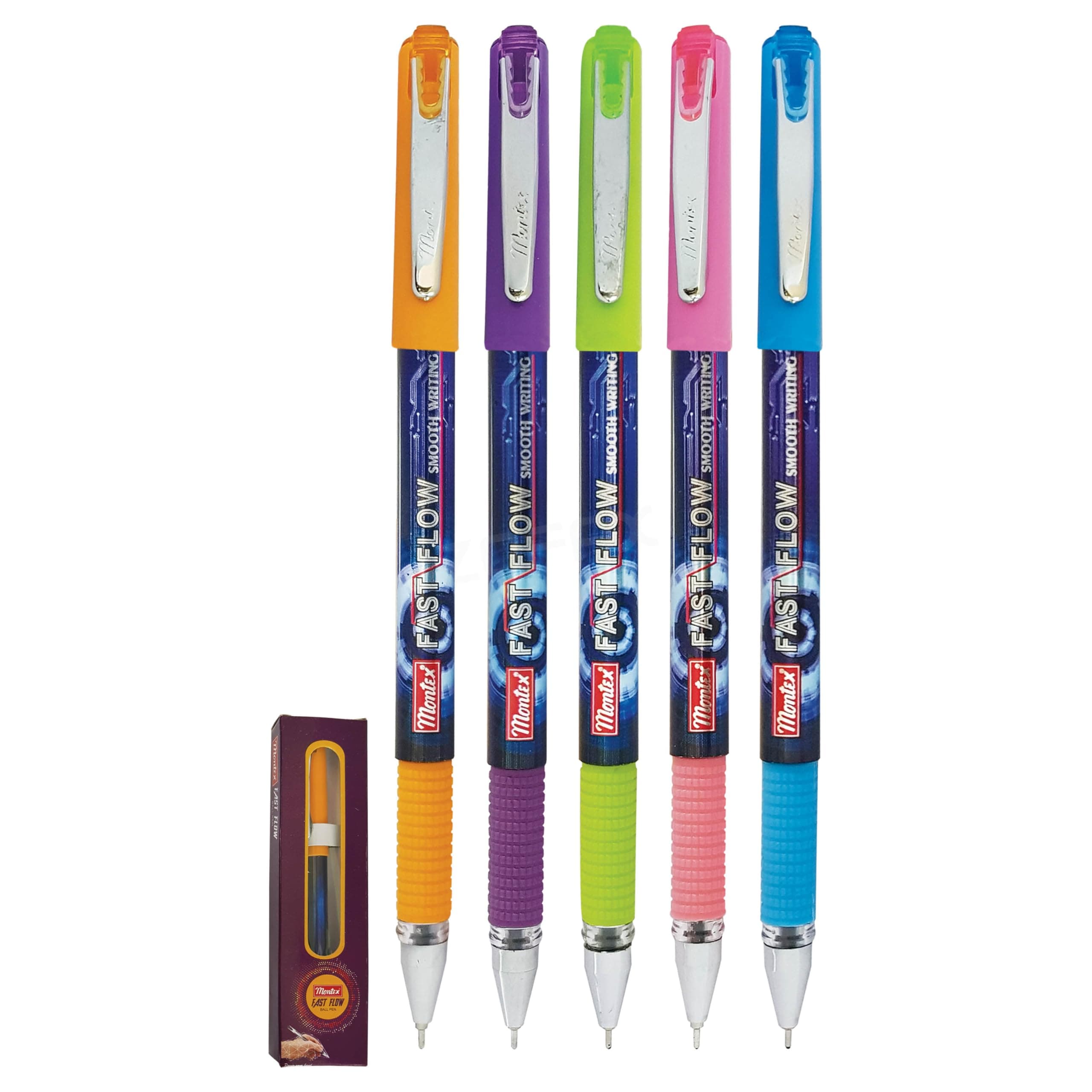 Montex 5 x 0.7mm Tip Ball Fast Flow BLUE Ballpoint Pens Steel Clip Rubber Grip