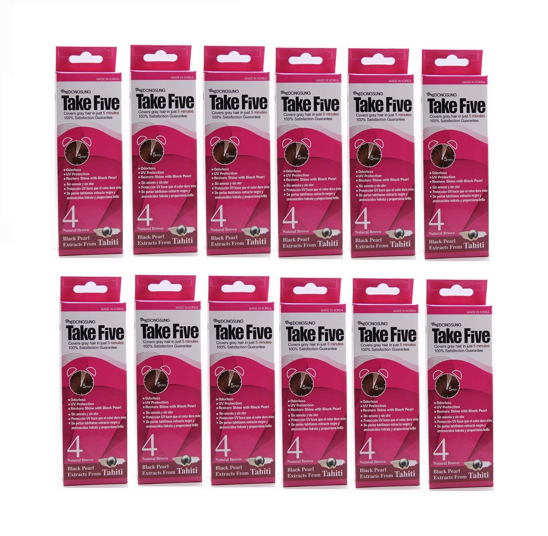 Dongsung Take 5 Hair Dye No. 4 Natural Brown Covers Gray Hair in Just 5 Minutes Without Any Foul Odor! Designed to Improve Damaged Hair (Pack of 12)
