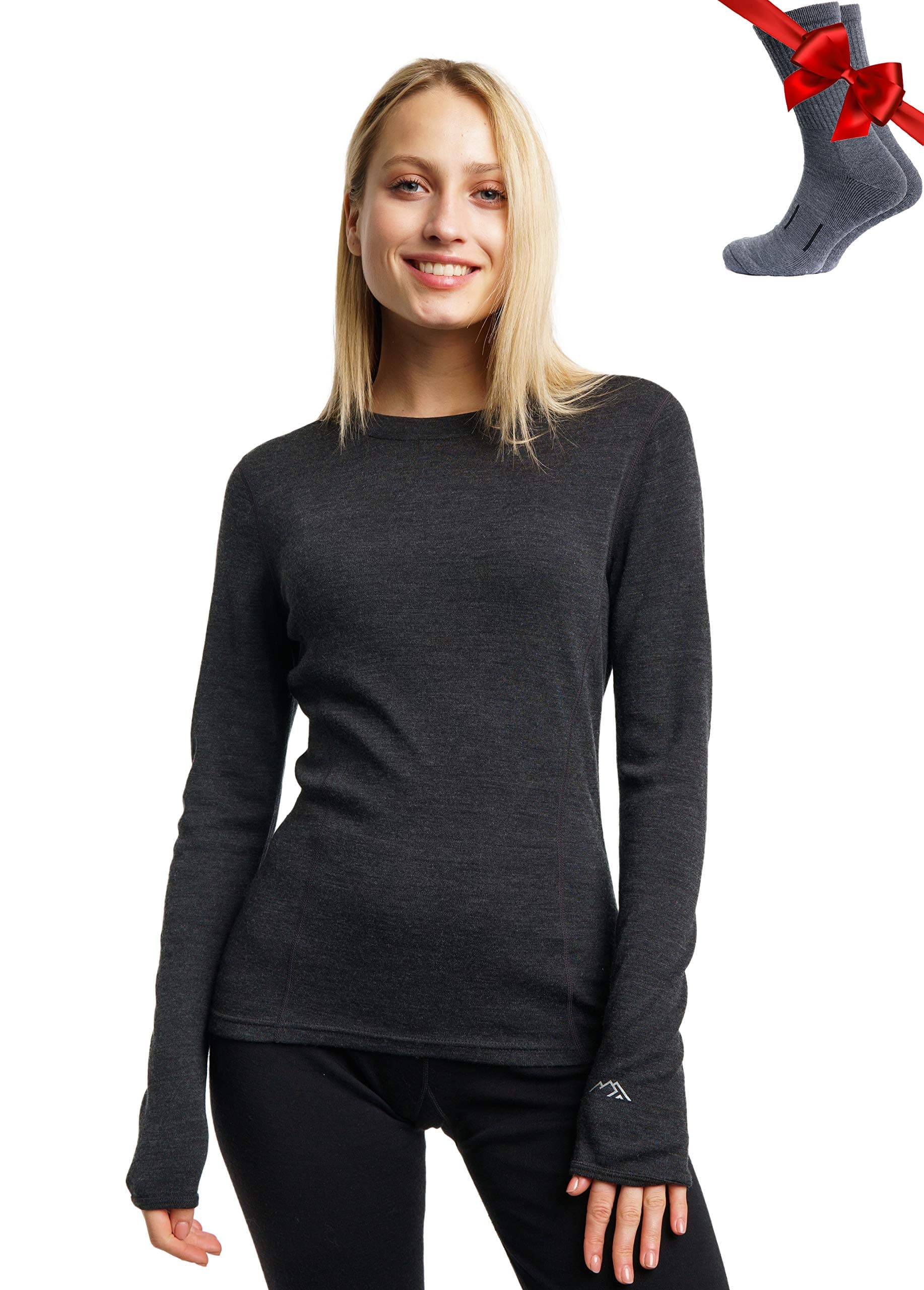 Merino Wool Base Layer Women - 100% Merino Wool Heavyweight, Midweight, Lite Long Sleeve Thermal Shirt and Socks