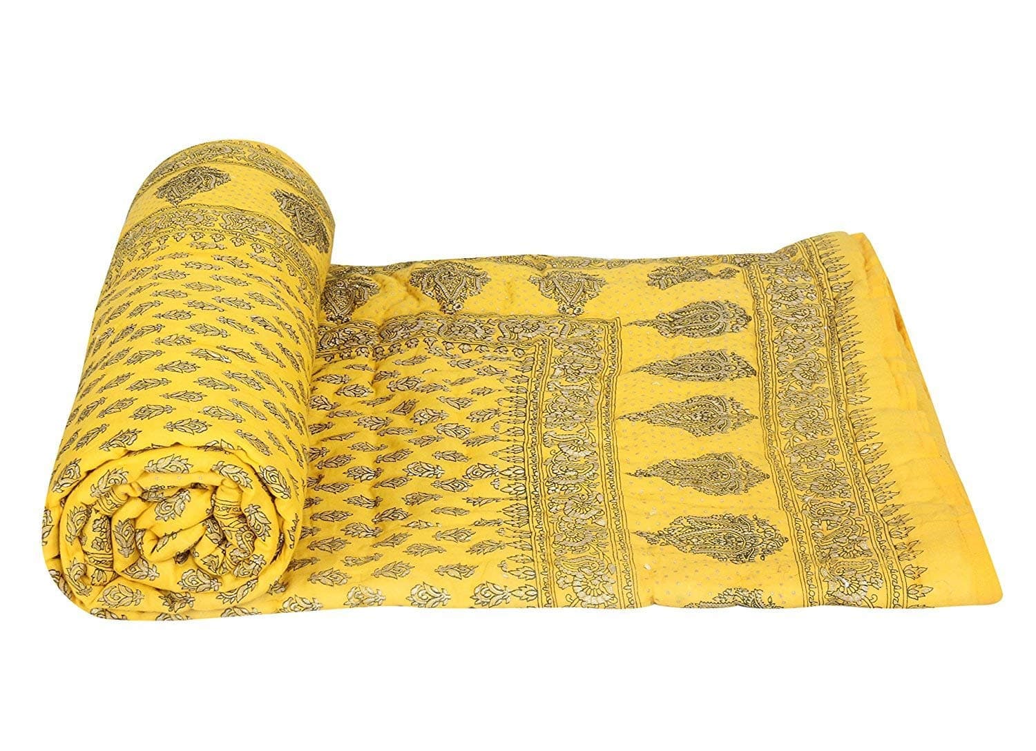 Namaste India Quilts Silk RAZAI Gold Elephant Printed Double Bed Quilt (Yellow)