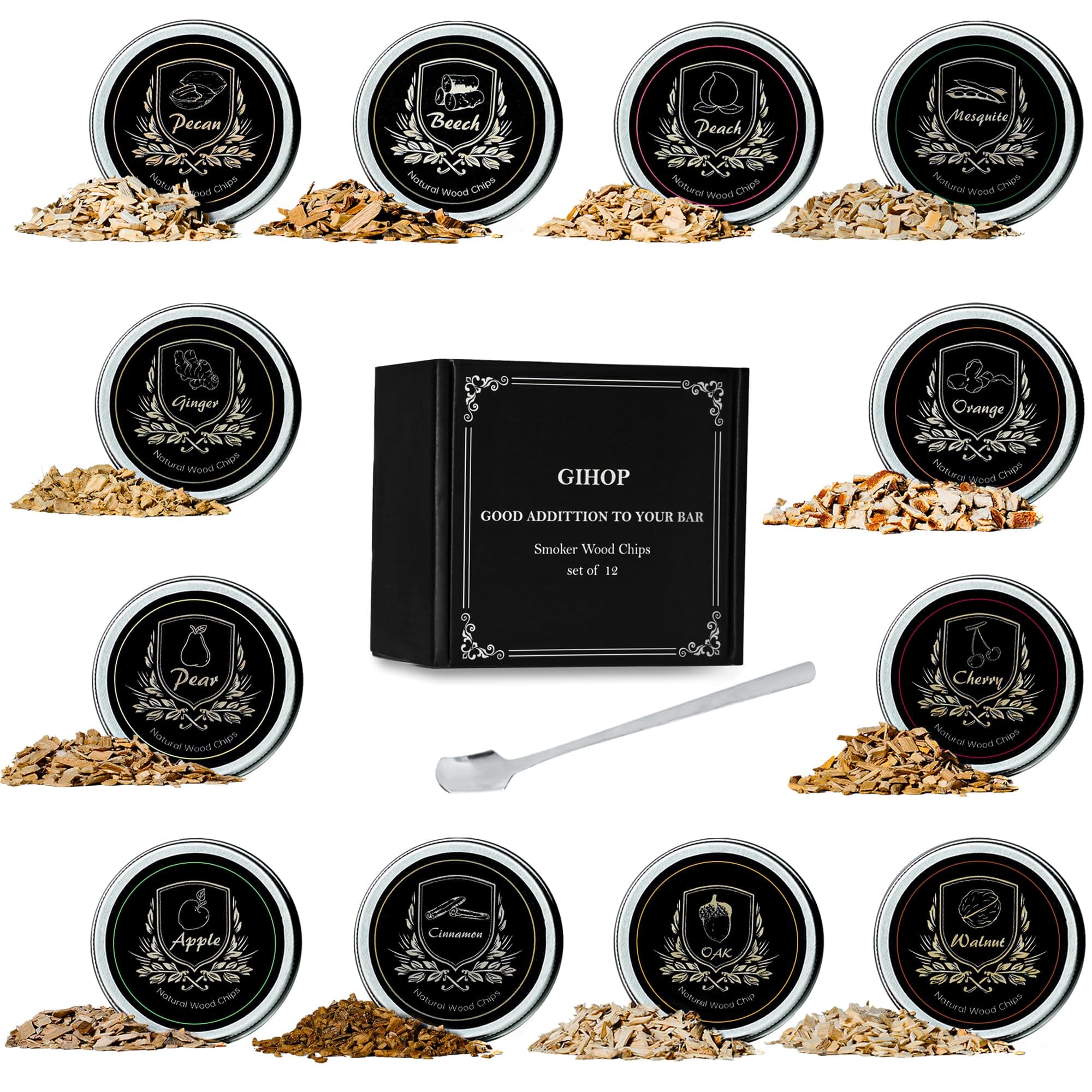 Cocktail Smoker Chips, 12 Flavors Wood Chips Orange Cinnamon Ginger Apple Beech Pear Cherry Oak Walnut Pecan/Hickory Mesquite Peach for Cocktails, Whiskey, Bourbon, Smoking Gun, Bar, Smoker Accessory