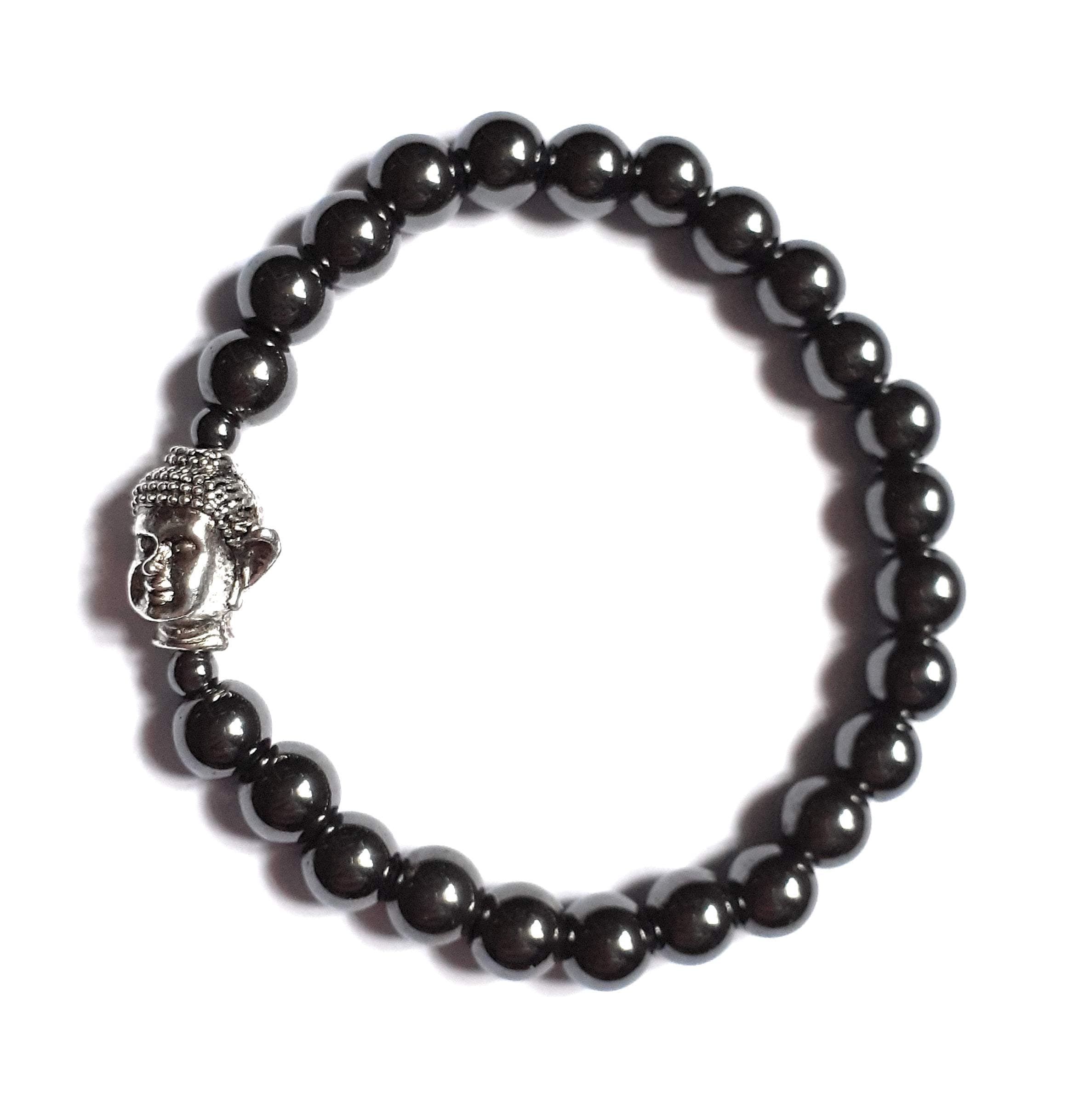Wild TherapiesSmall Size Hematite Bead Bracelet with Silver Buddha Head - Calming Stone + Gift Bag