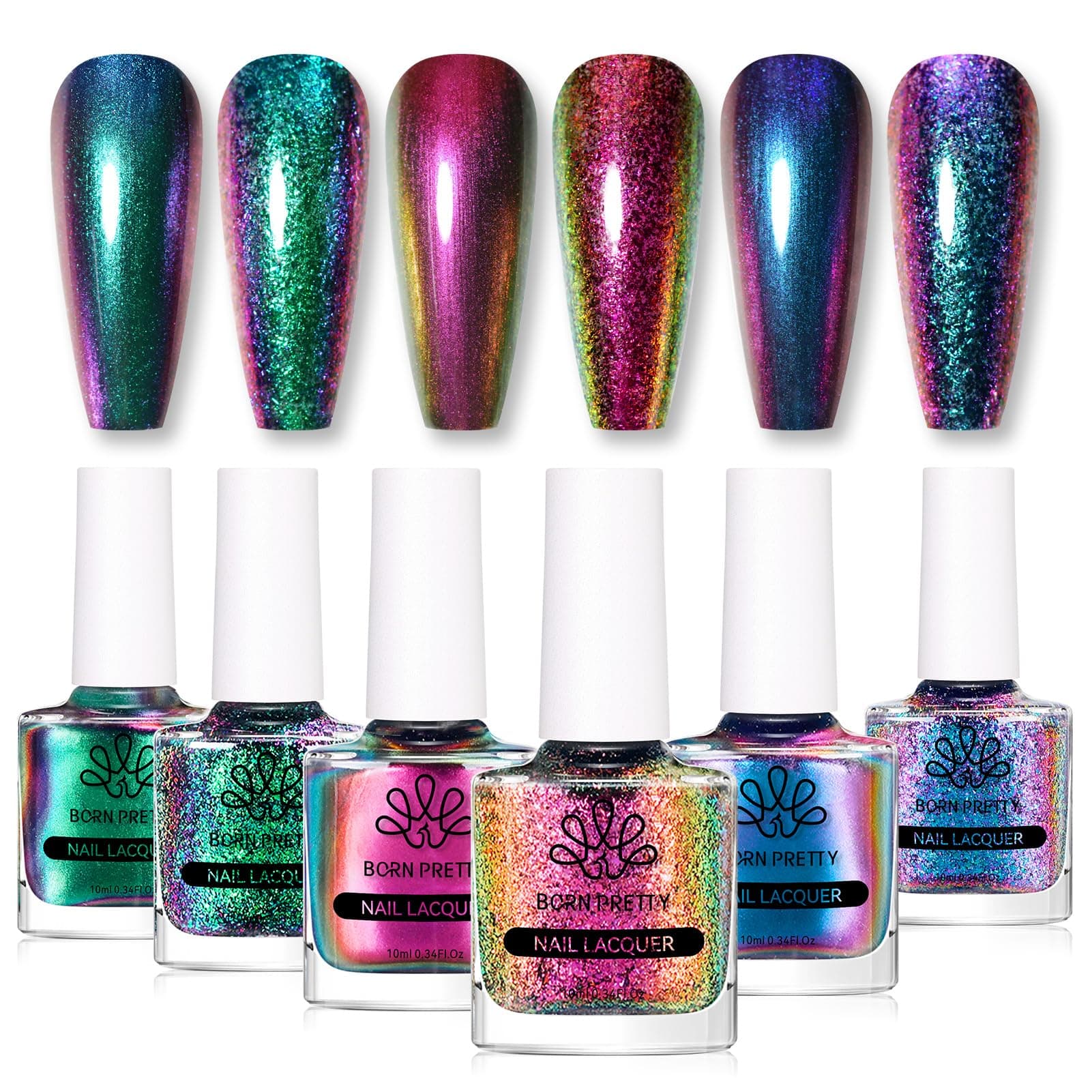 BORN PRETTY Chameleon Nail Polish 6 Colors Holographic Glitter Quick Dry Nail Polish Shimmer Iridescent Chrome Nail Varnish