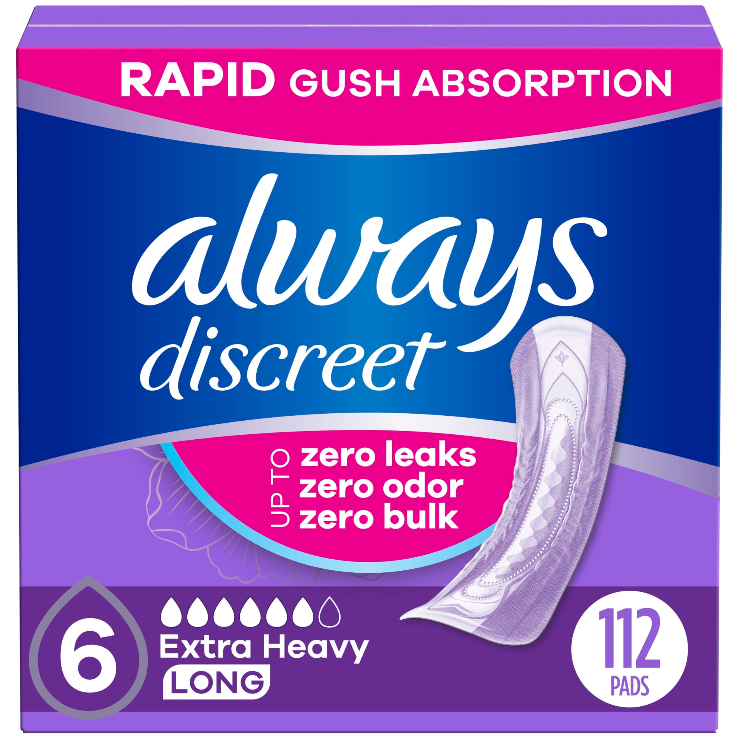 Always Discreet Adult Incontinence Pads for Women, Drier, 6 Drop Long Length, Extra Heavy Absorbency, Pads for Bladder Control Management, Bladder Leaks, & Postpartum Pads, 112ct