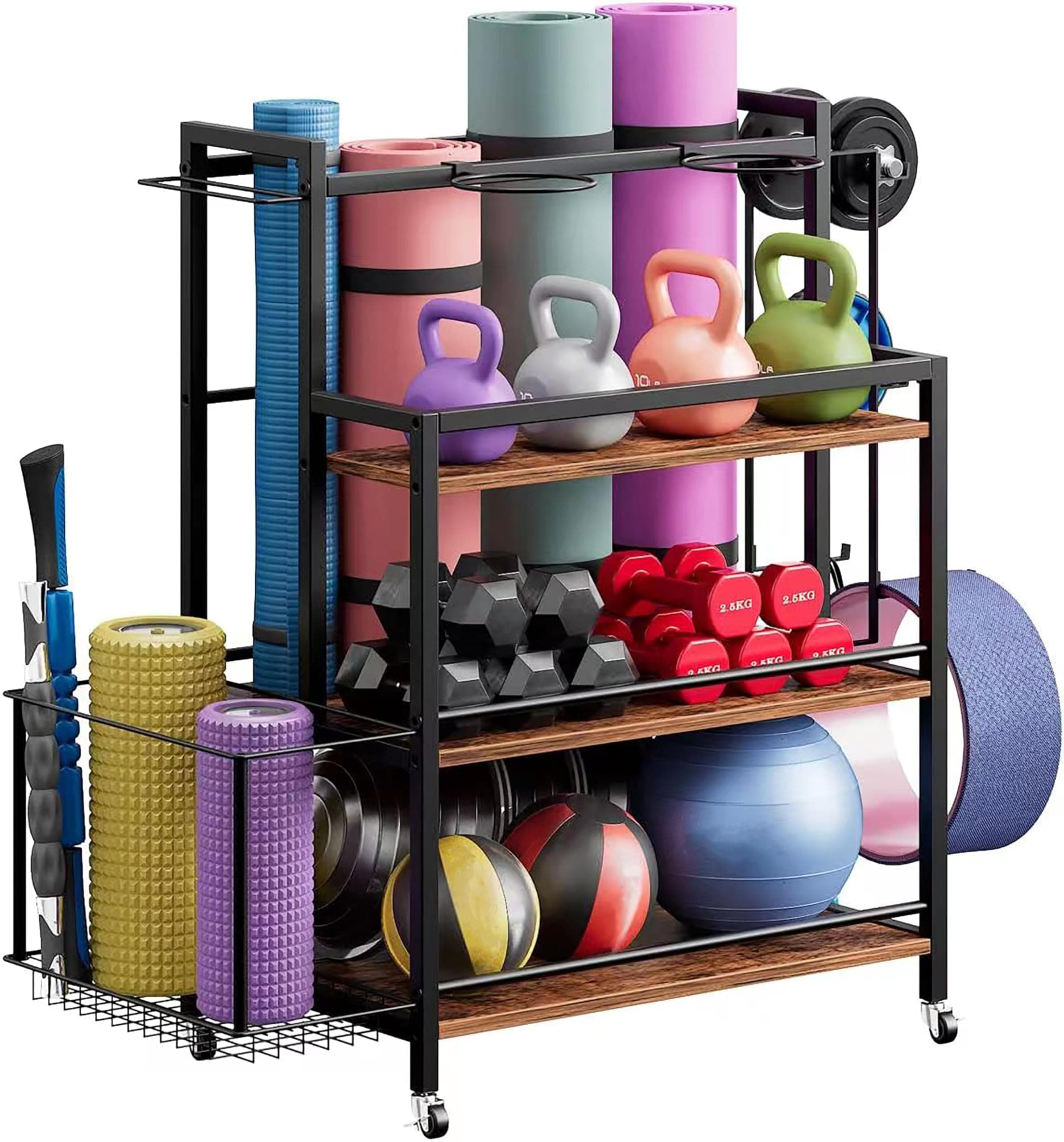 Royal Polar Yoga Mat Storage Racks,Home Gym Rack For Dumbbells Kettlebells Foam Rolle，Dumbbell Weight Stand With Wheels
