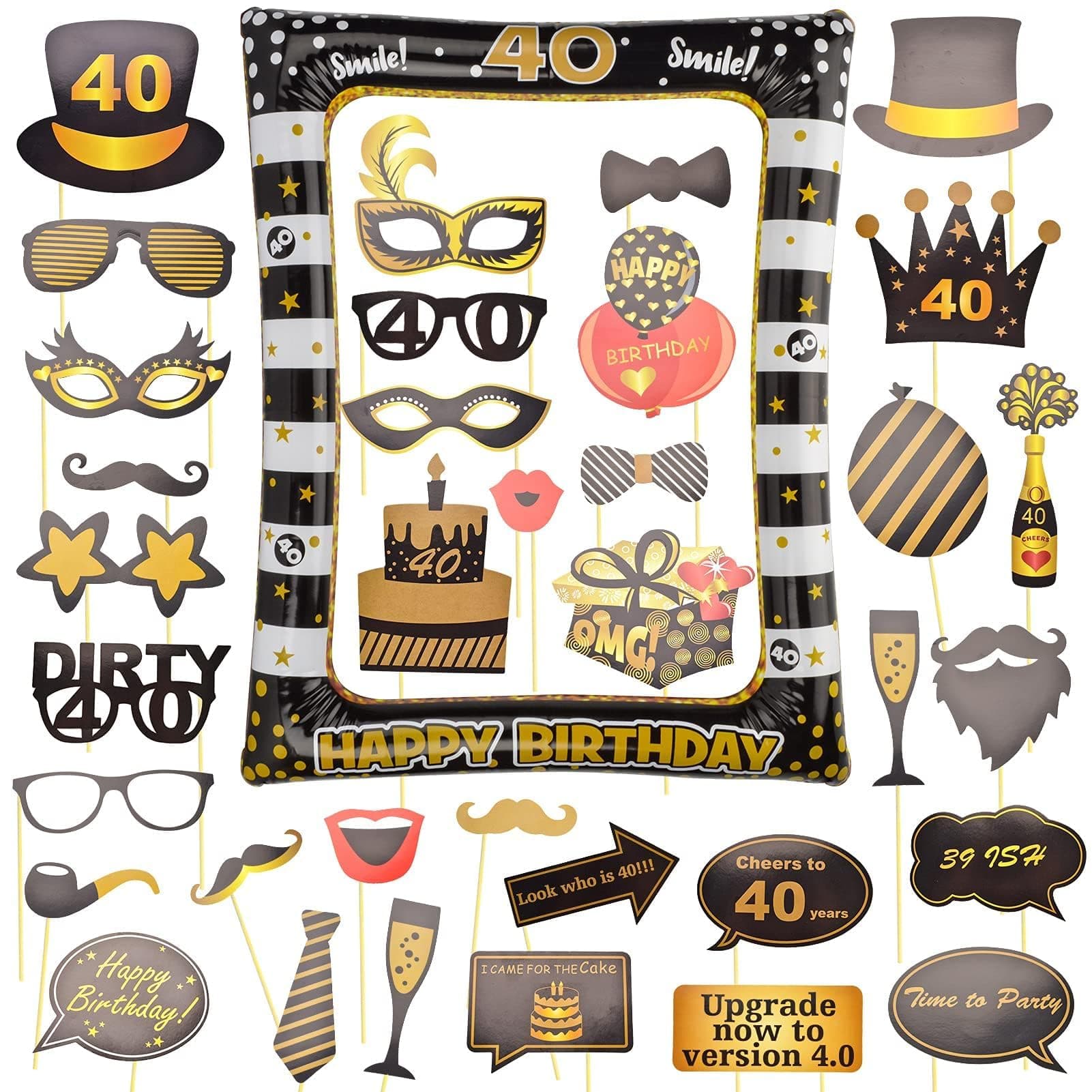 35Pcs 40th Birthday Decorations Men Women, Black Gold Inflatable Selfie Frame & Photo Booth Props, Giant Inflatable Party Photo Booth Frame for 40th Birthday Party Decoration, Badge