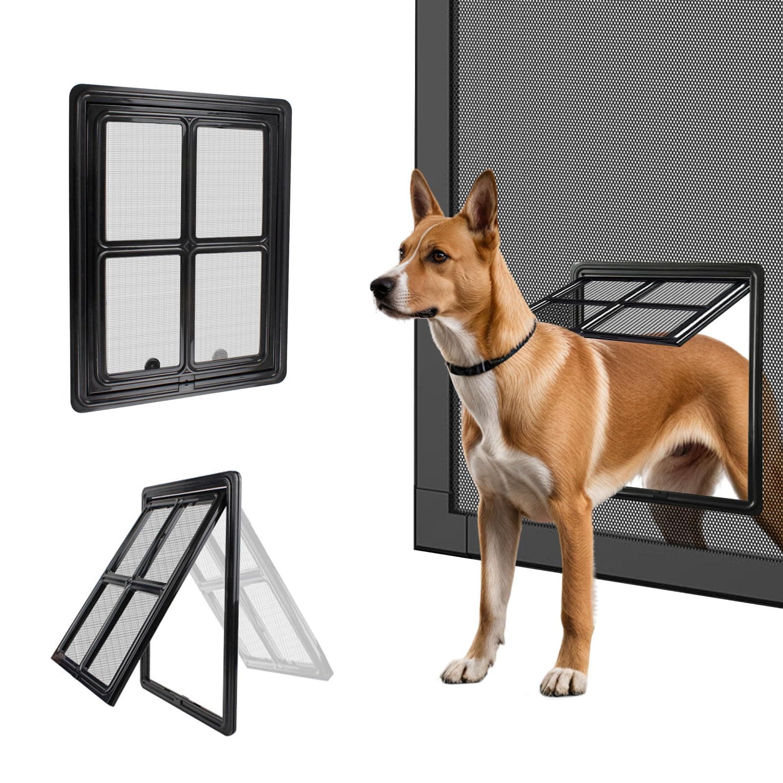 PETLESO Dog Screen Door for Sliding Doors, Inner 12"×16" Lockable Magnetic Self-Closing Flap Pet Passage for Medium to Large Dogs & Cats, Lightweight, Easy Install