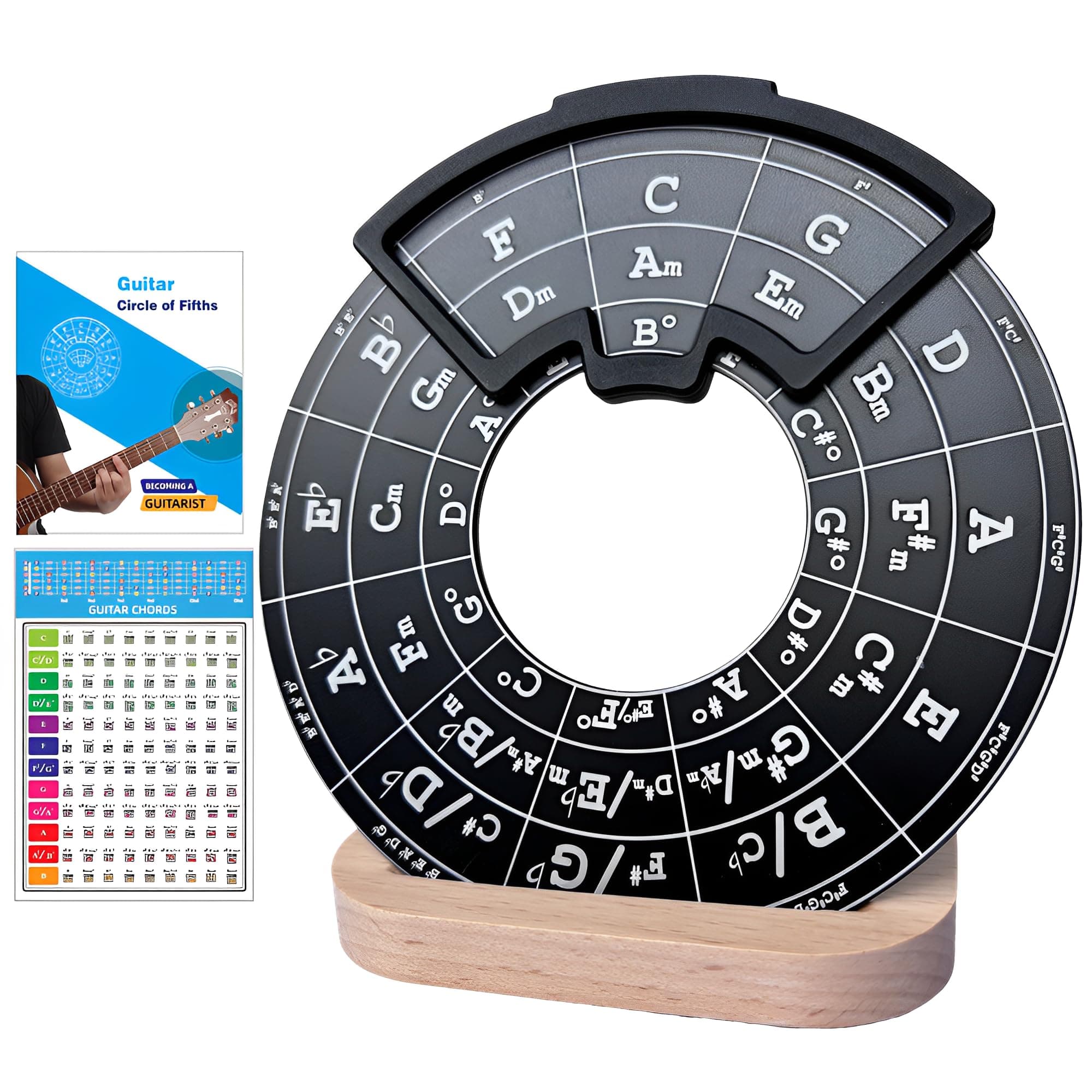 Circle of Fifths Wheel Metal Melody Tool with Guitar Chord Chart Music Theory Book and Wooden Stand for Musical Instruments, Black