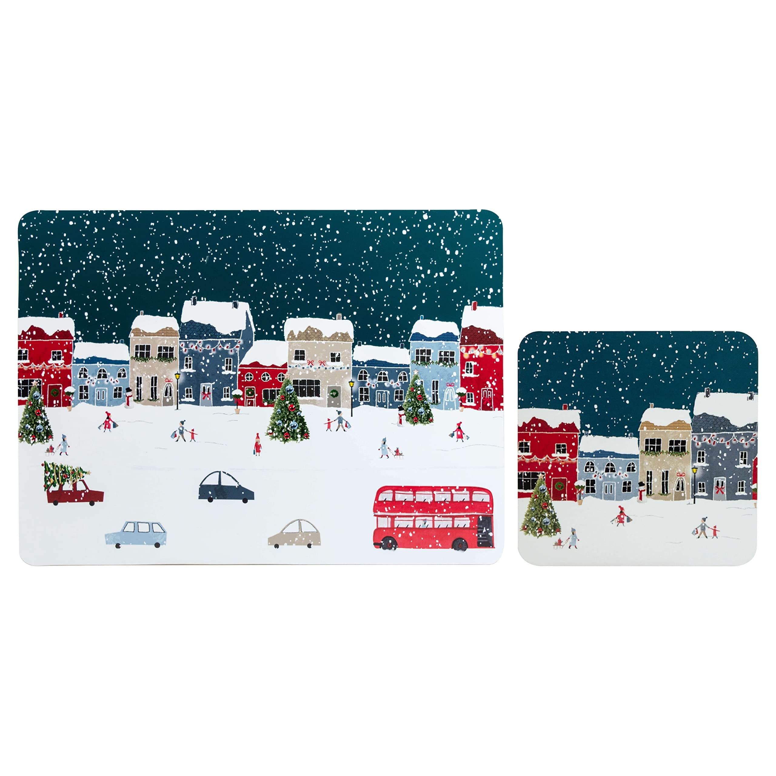 Set of 4 (8pc) Winters Eve Christmas Placemats & Coasters, Chistmas Tablemats, Cork-backed