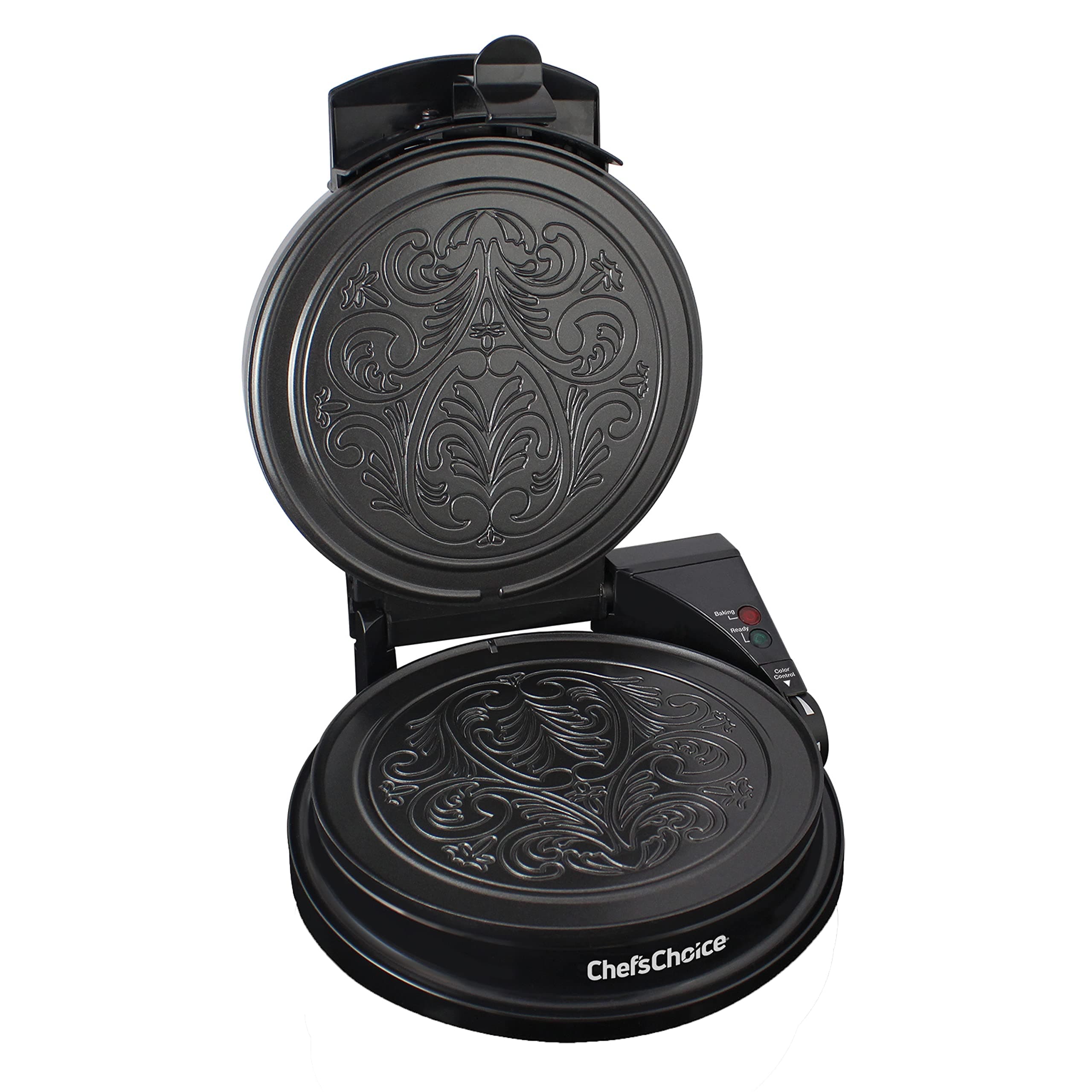 Chef'sChoice KrumKake Maker Features Nonstick Surface and Instant Heat Recovery with Temperature Control and Ready Light To Make 6-Inch Cookies, Ready and Baking Lights With Roller, 1050-Watts, Silver