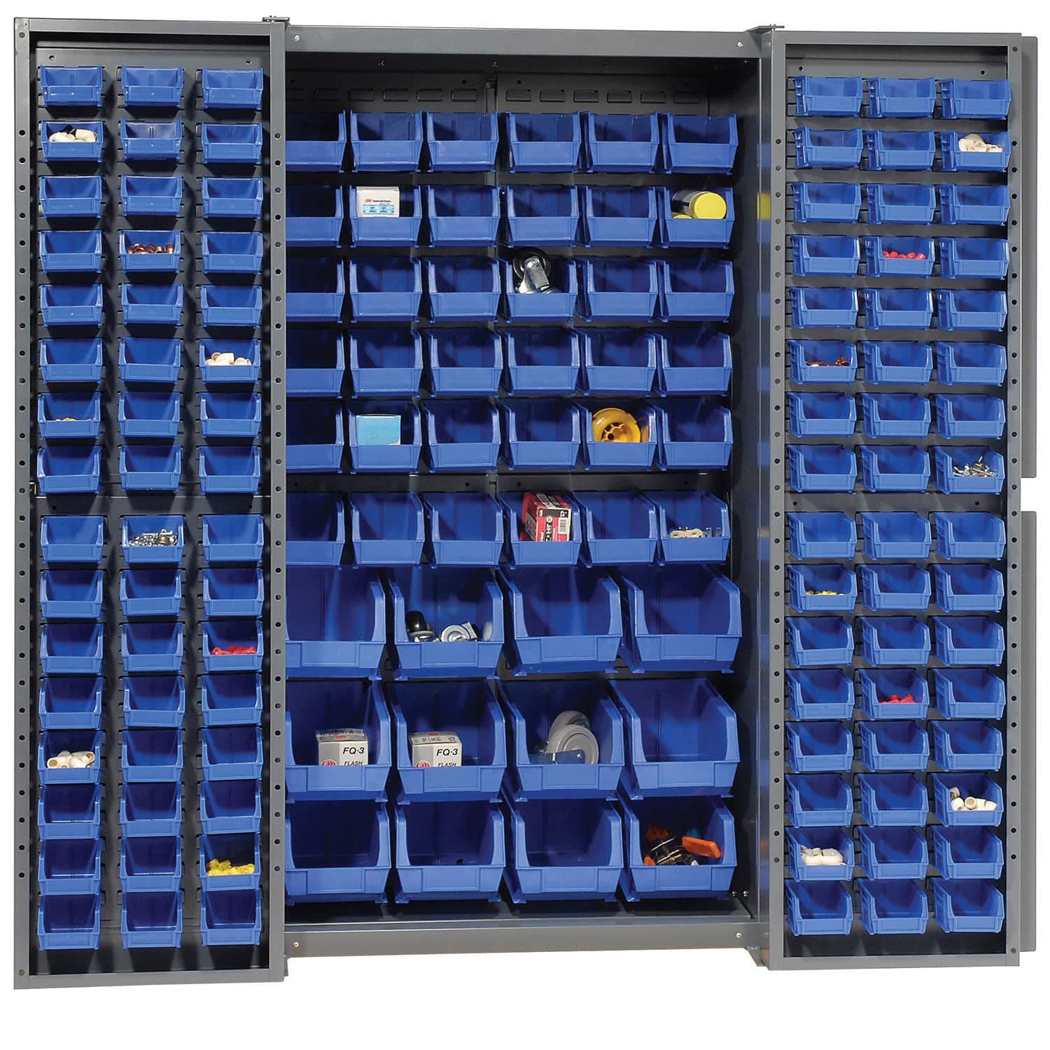 Global Industrial Deep Door Bin Cabinet, Includes 144 Blue Plastic Bins, Padlockable Steel Cabinet, 38" W x 24" D x 72" H, for Tool and Parts Storage, Ships Assembled