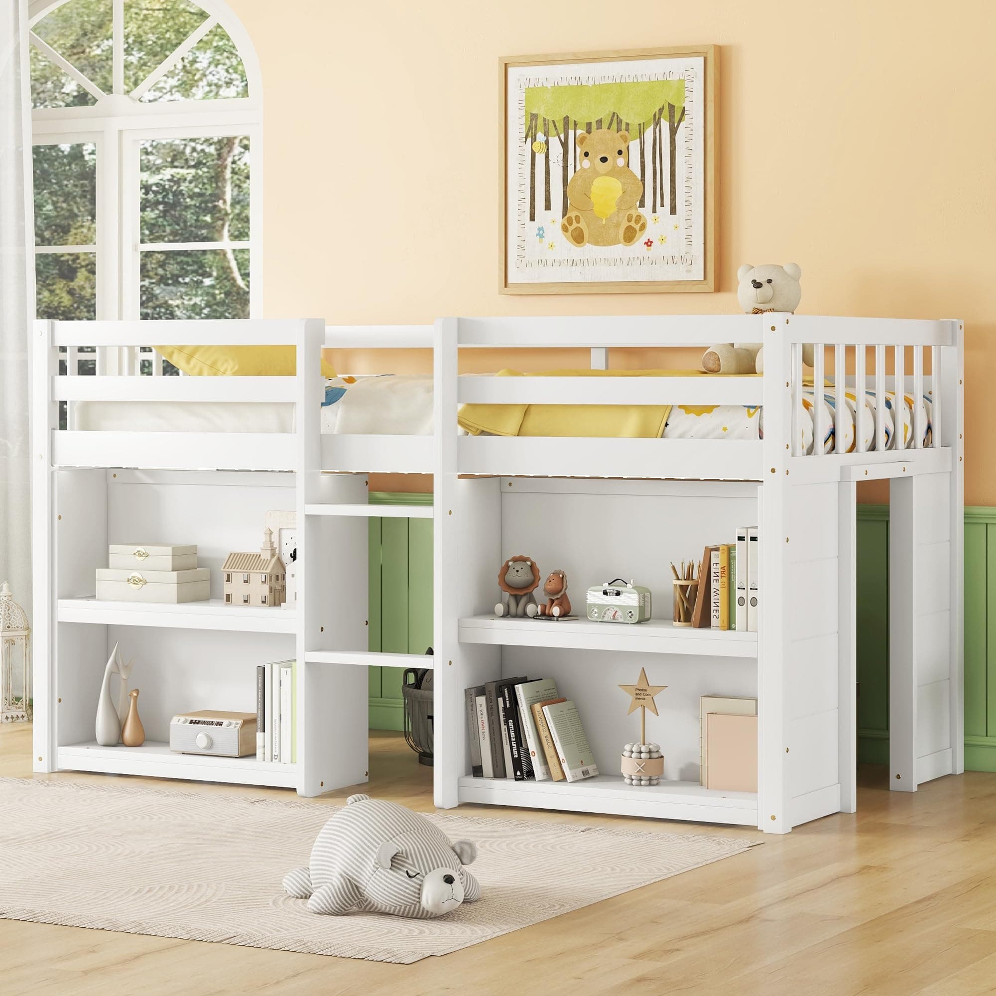 LED Twin Size Low Loft Bed for Kids,Twin Loft Bed with Storage Shelves,Kids Low Loft Bed Frame with LED Light,Space Saving, White