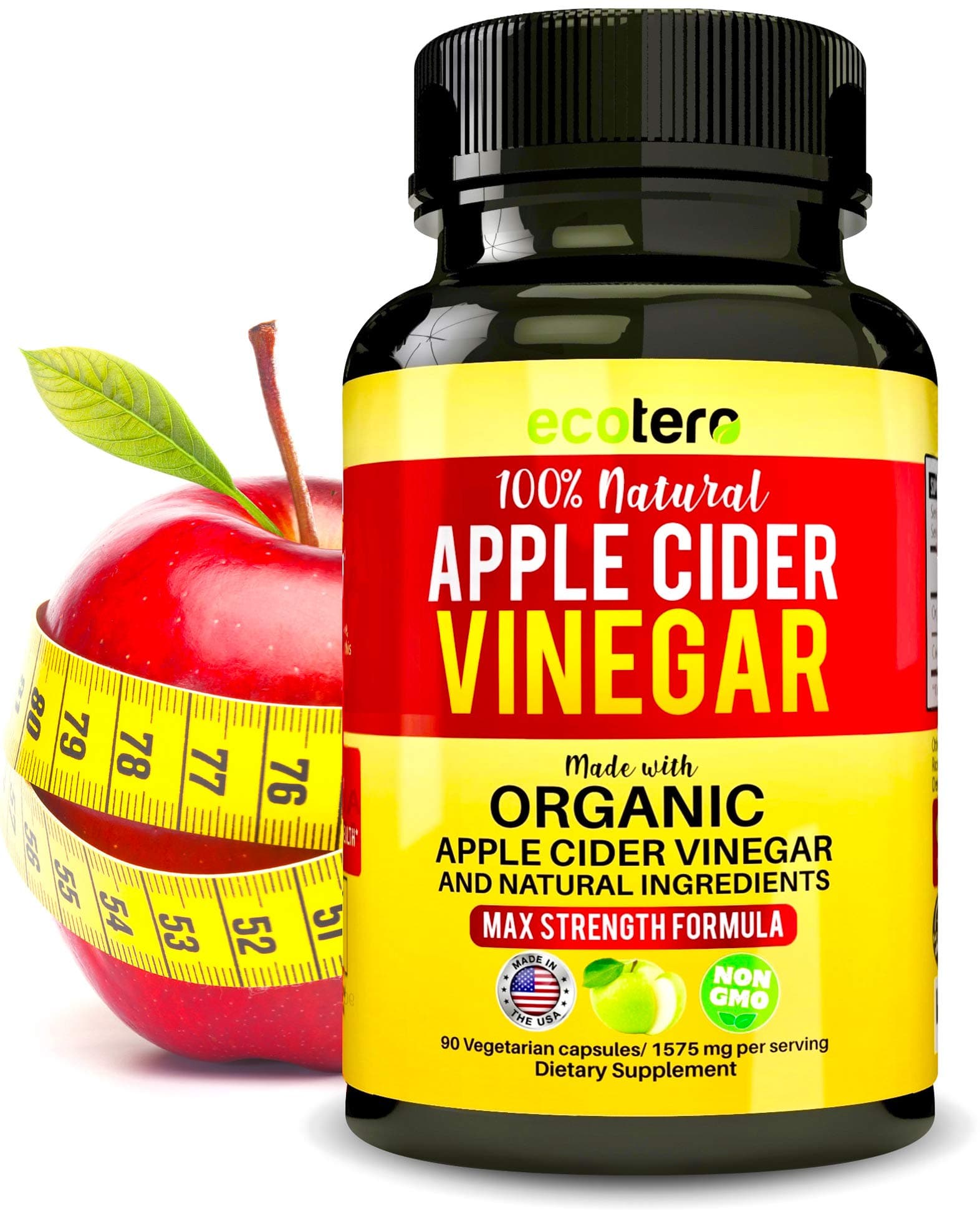 Ecotero Organic Fermented Apple Cider Vinegar Capsules with Mother (High Strength 1575 mg), Pure Unfiltered ACV Pills for Detox and Cleanse, Keto Friendly for Women or Men