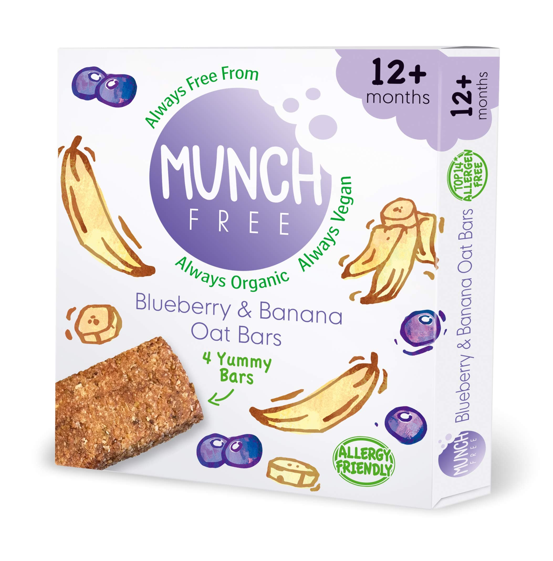 Munch Free Blueberry and Banana Oat Bars, Gluten Free, Dairy Free, Nut Free, Vegan, 25g (Pack of 4)