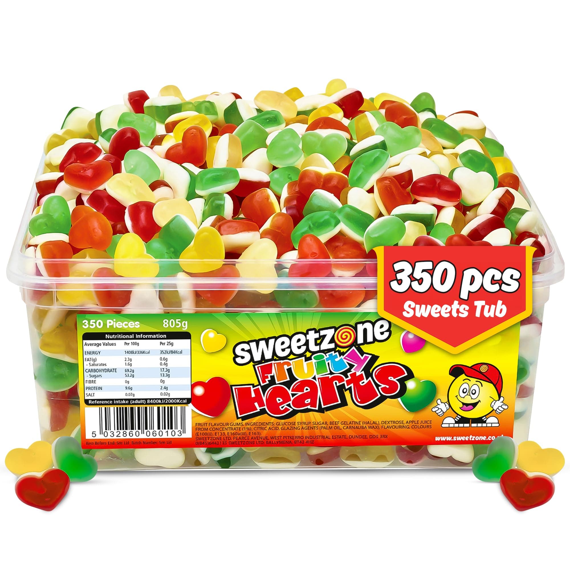 Sweetzone Fruity Hearts, Love Hearts Halal Gummy Sweets, Fruity Chewy Candy, Heart Shaped Treats, Bulk Tub for Parties & Sweet Lovers, 350pc, 805g