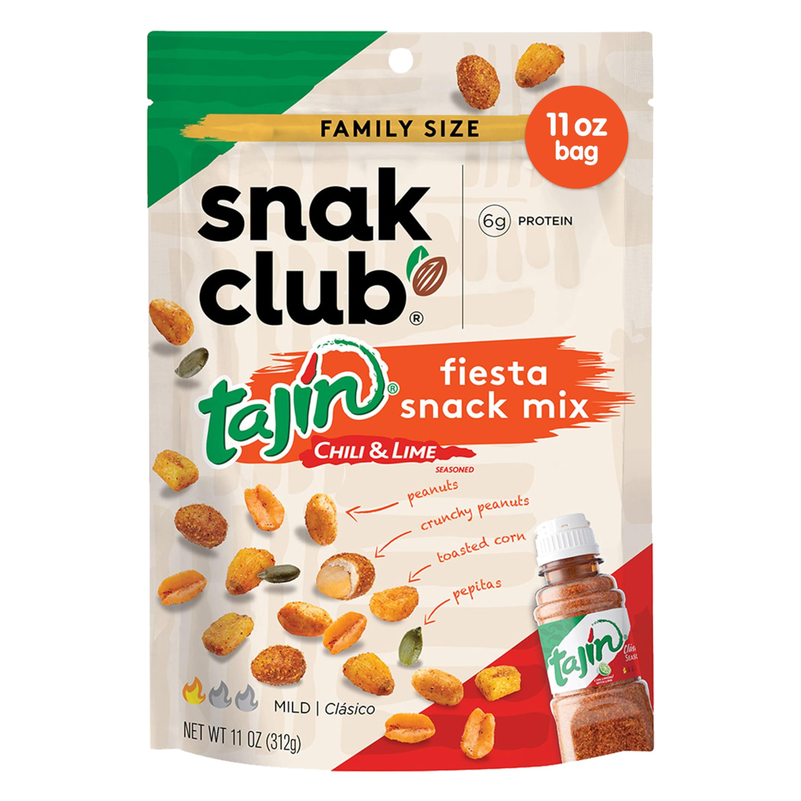 Tajin Fiesta Snack Mix, Peanuts, Crunchy Peanuts, Toasted Corn, and Pepitas with Chili and Lime Seasoning, Mild, 11 oz Resealable Bag