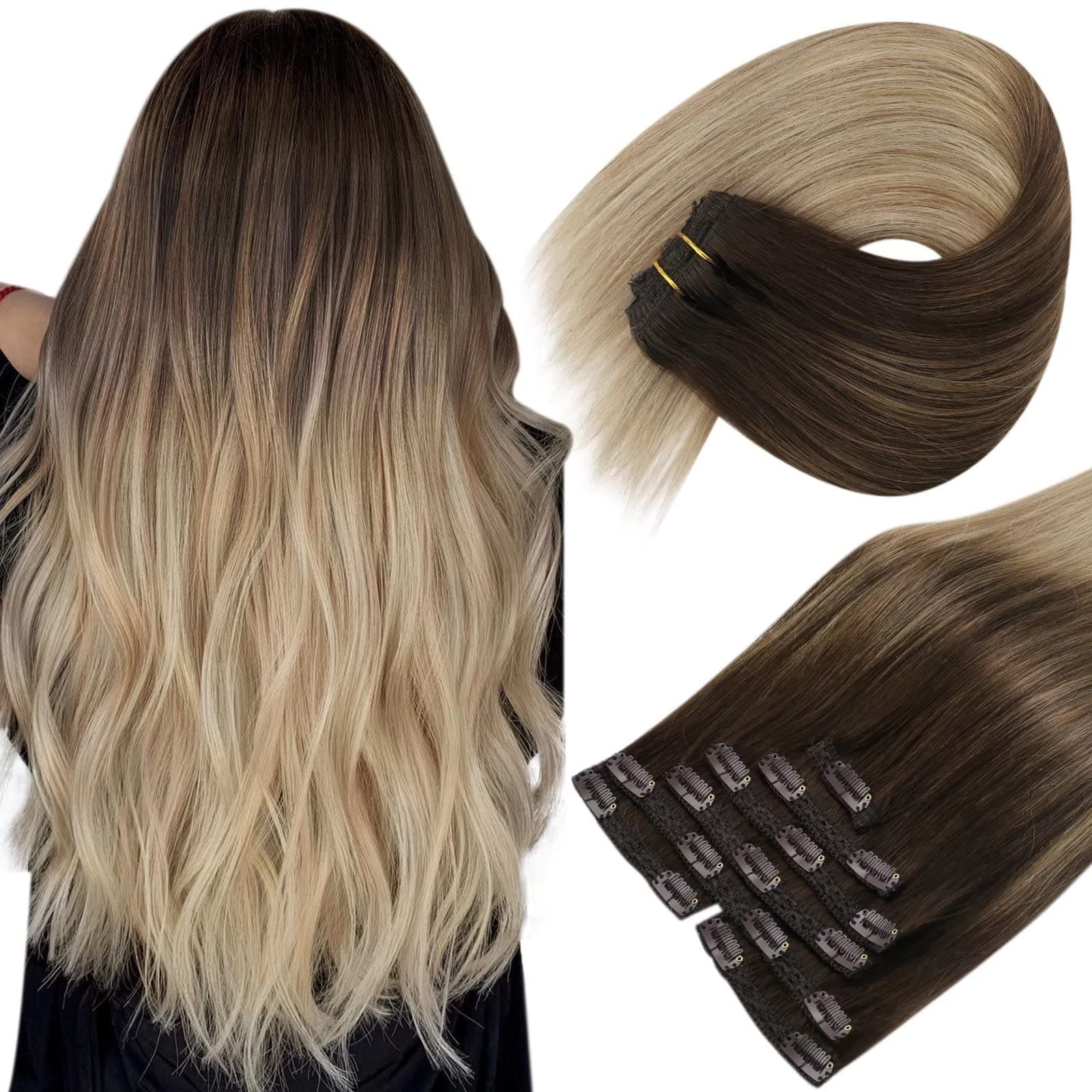 Sunny Clip in Hair Extensions Ombre Real Hair Extensions Clip in Human Hair Dark Brown Balayage Light Brown with Ash Brown Ombre Hair Extensions Blonde Hair Clips Extensions for Women 120g 7pcs 18in