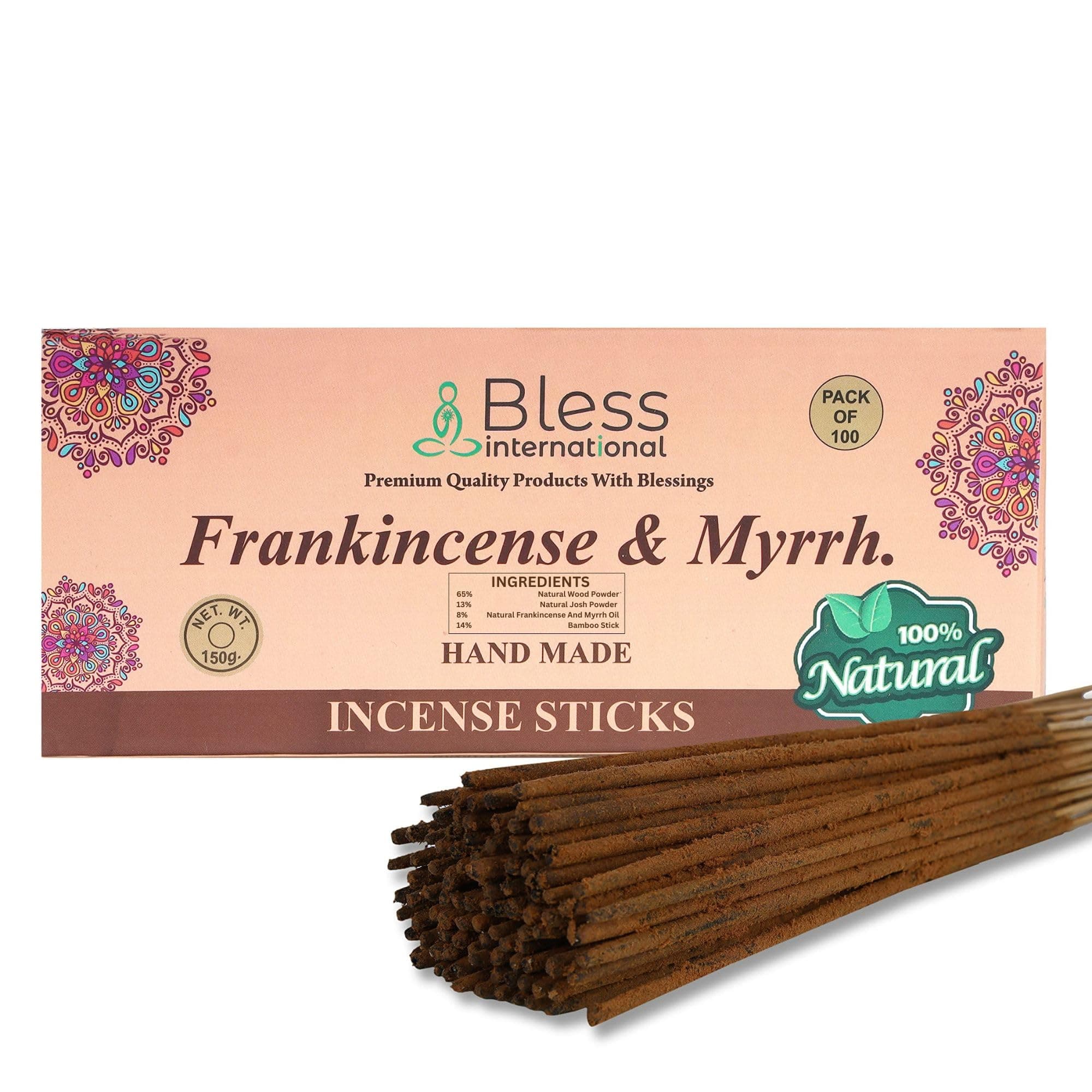 Bless-Frankincense-and-Myrrh 100%-natural-incense-sticks Handmade-hand-dipped The-best-woods-scent-100-sticks-pack