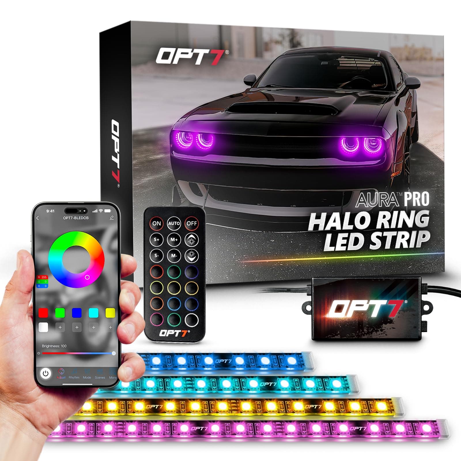 OPT7 Aura Pro Halo Light DRL for 08-23 Dodge Challenger, Bluetooth RGB Full Color Spectrum Demon Eye, Angel Eye Kit, Easy Installation, App Enabled iOS & Android