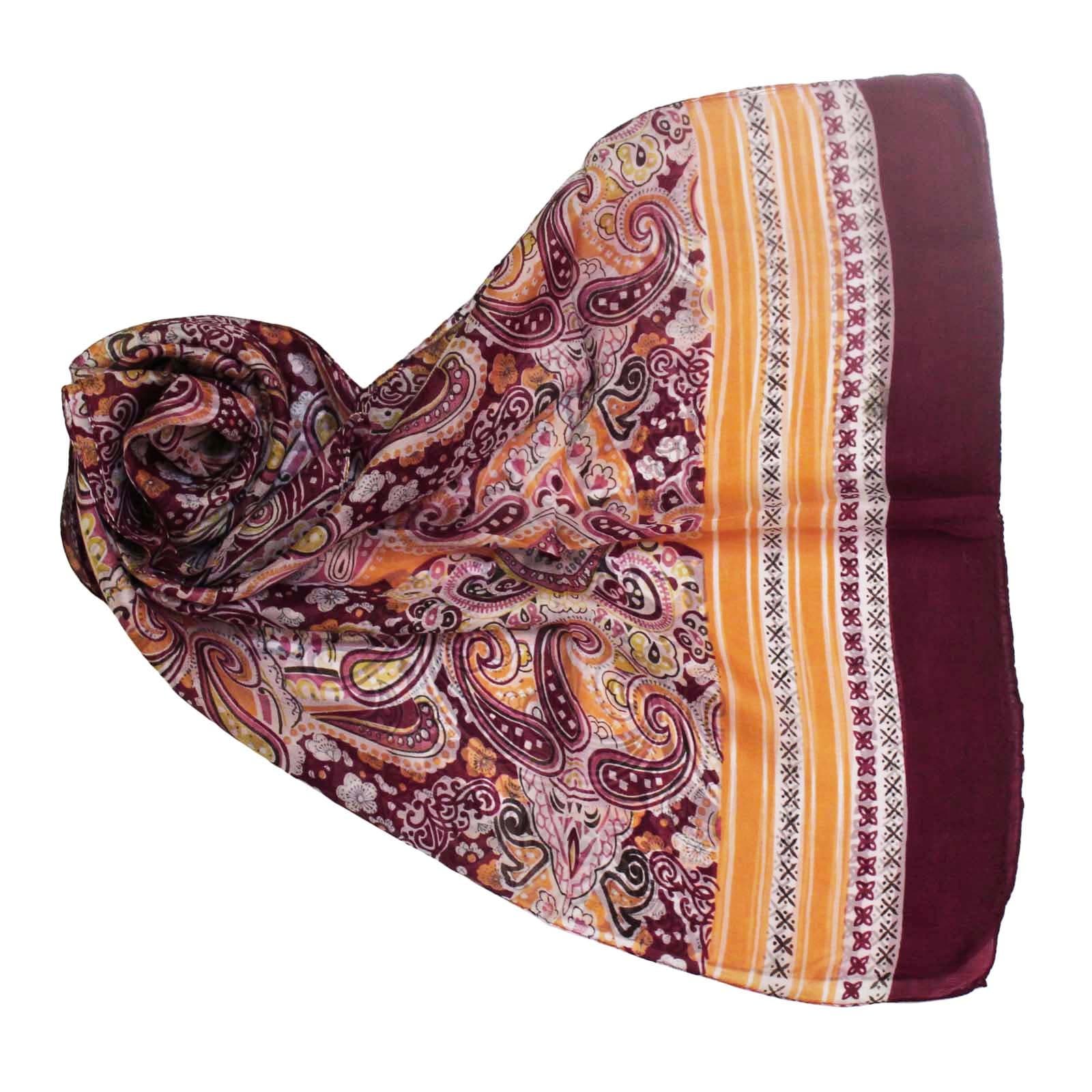 100% Silk Scarf Indian Long Stole Paisley Printed New Scarves Women’s Fashion Loop Summer Dress 69”x19” Maroon Neck Hijab Muffler