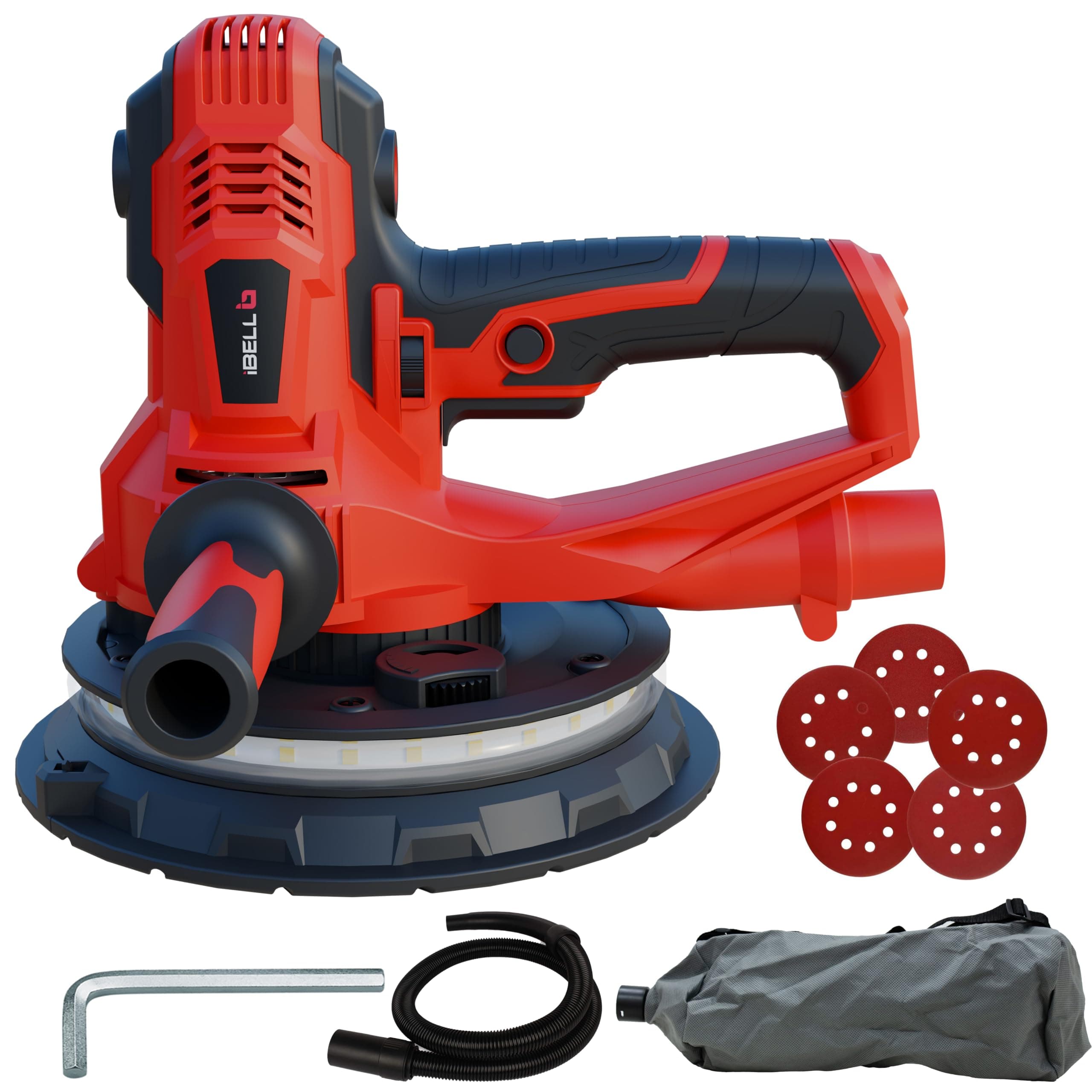 IBELL Dry Wall Sander DS80-90, 800W, Copper Armature, 1200-2300RPM, Variable Speed Control, Switch Lock Feature, 8 Hole vacuum and LED light