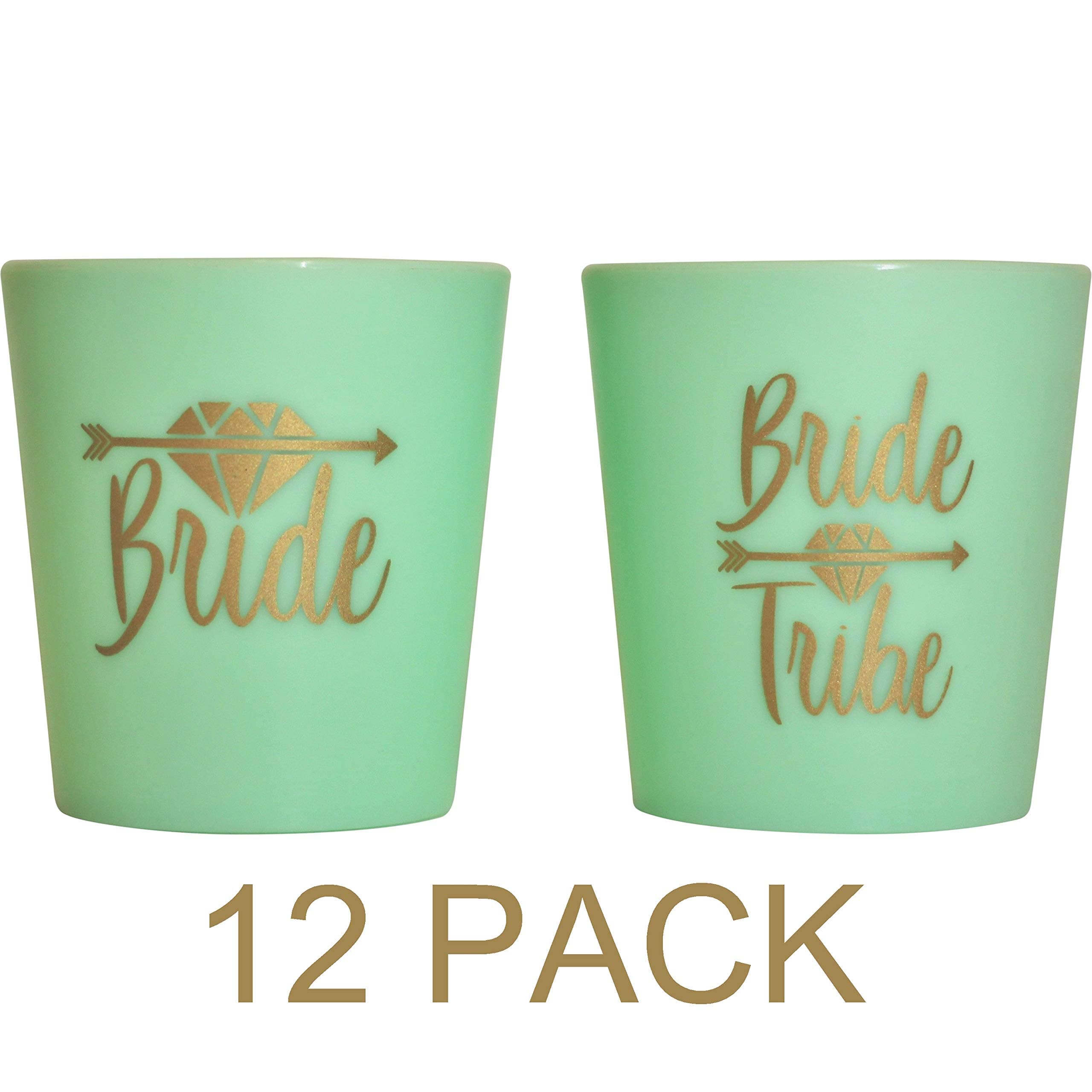 Bridal 2 oz. Shot Glasses 12 Cups Set - 1 “Bride” & 11"Bride Tribe” - Bridesmaids, Engagement, Bachelorette, Shower Party, Wedding - Props, Favors - Mint Green & Gold - High Quality Guarantee